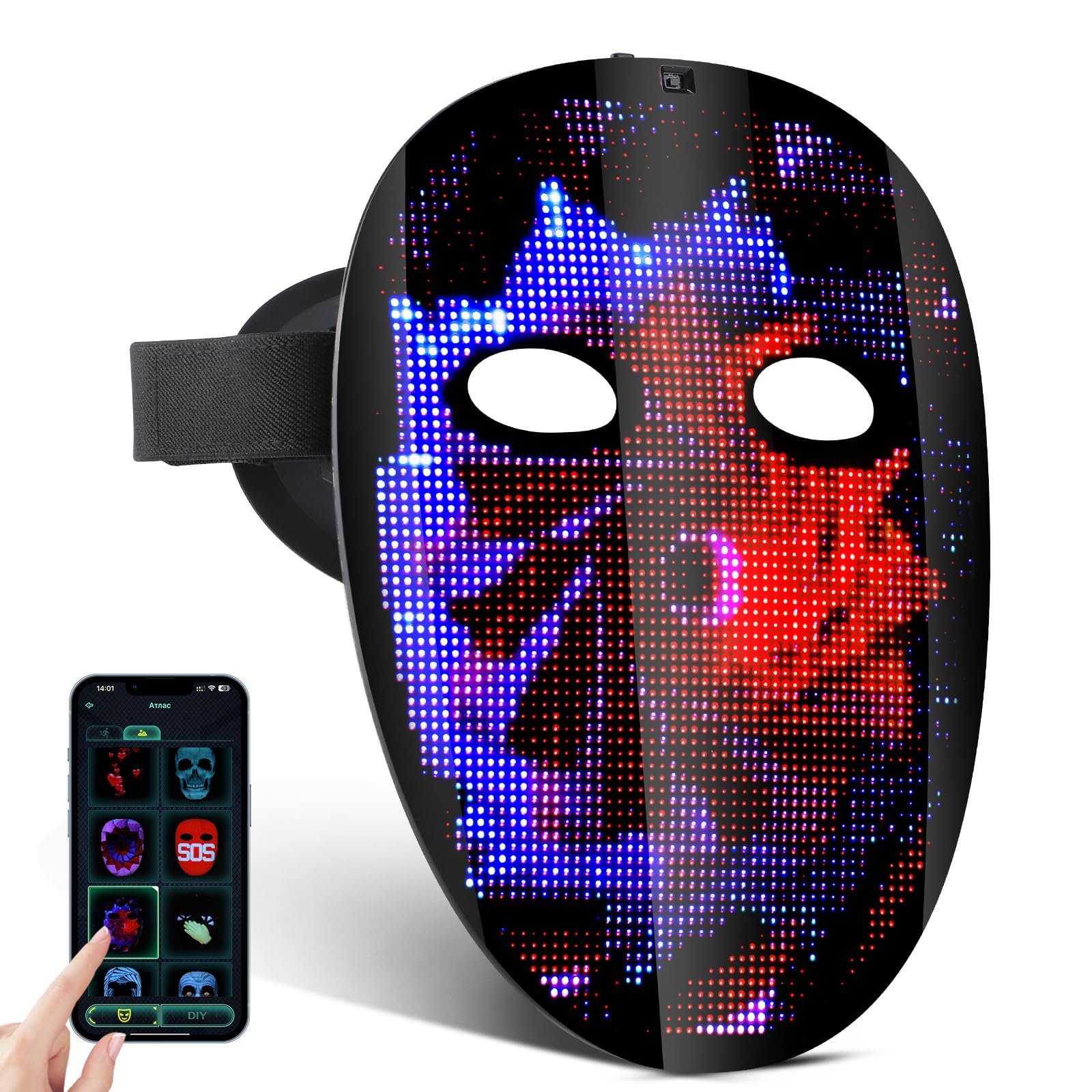 Masque LED Lumineux, Masque LED Rechargeable Avec Modes De Transformation Du Visage Par Détection De Gestes, Avec Différentes Images, Adapté Pour Le Costume Masques Cosplay Halloween