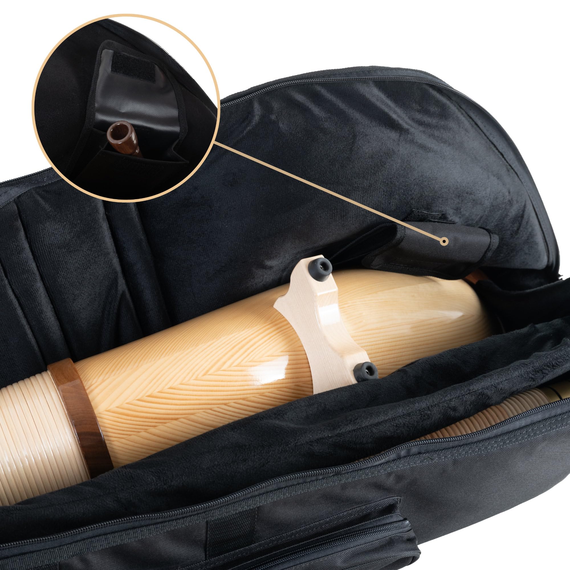 Torba alphorna model najwyższej klasy – długość: 135 cm – element do Ø 28 cm – uchwyt do noszenia i paski plecaka – ścianki działowe pomiędzy częściami rury/tłumikiem plus oddzielna kieszeń