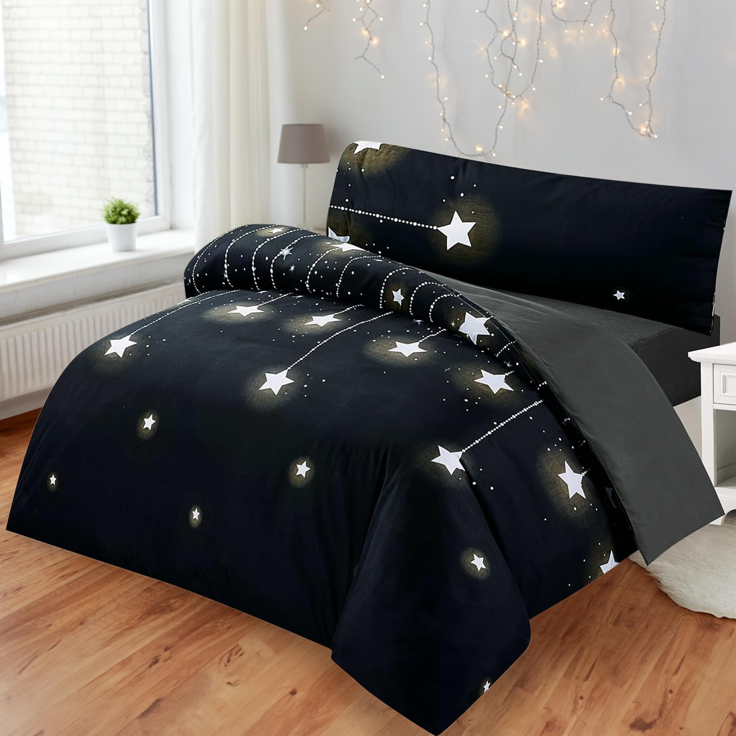 BESCH Funda Nordica para Cama 135 de Microfibra Ultra Suave, Confortable y Transpirable de 3 Piezas, Funda Edredon 220x220cm, Bajera 135x200+25 y 1 Funda de Almohada 45x145cm (Estrellita)