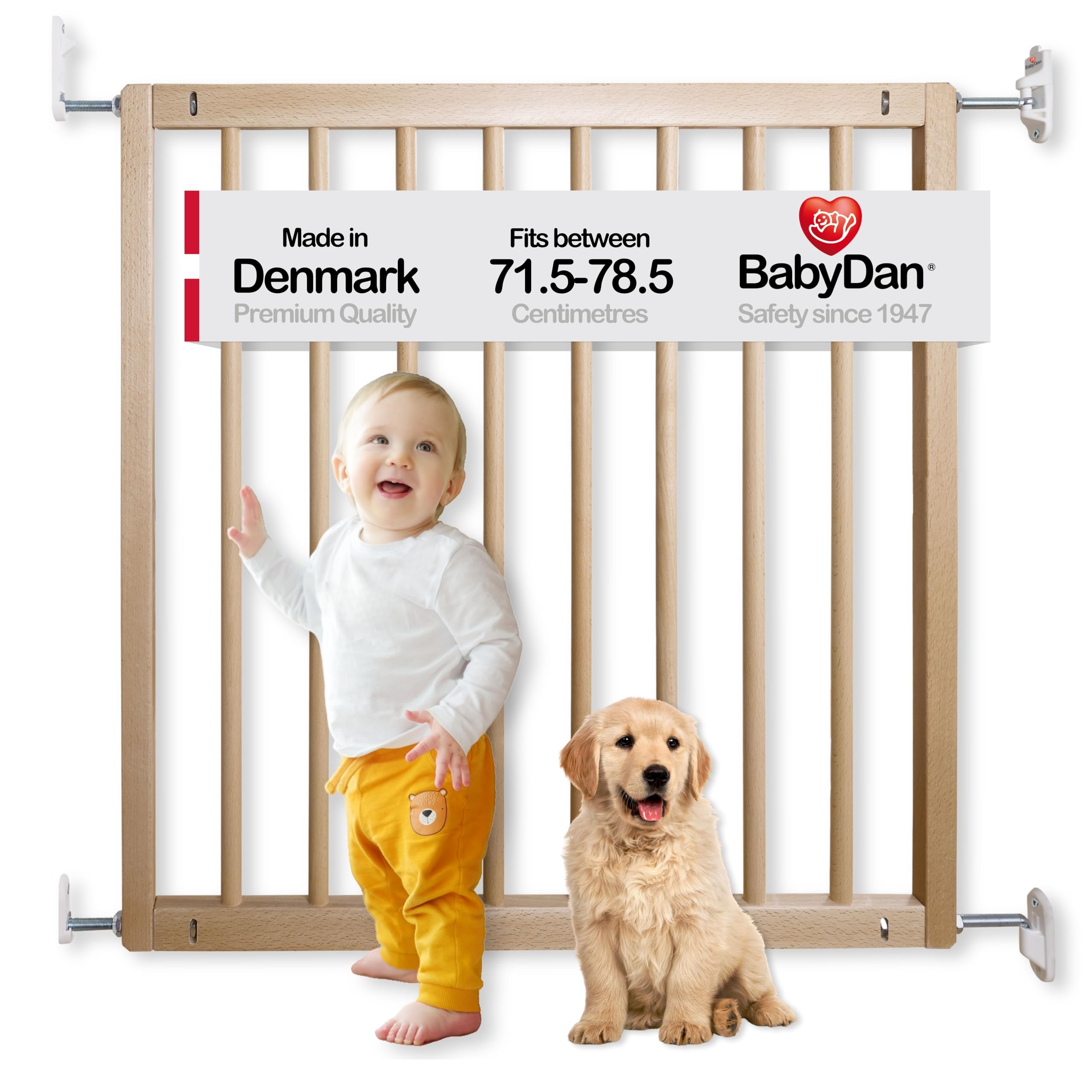 BabyDan No Trip, 71.5-78.5 cm, Basic Stair Gate/Baby Gate/Safety Gate, Wood, Made in Denmark - (Pet Gate/Dog gate)