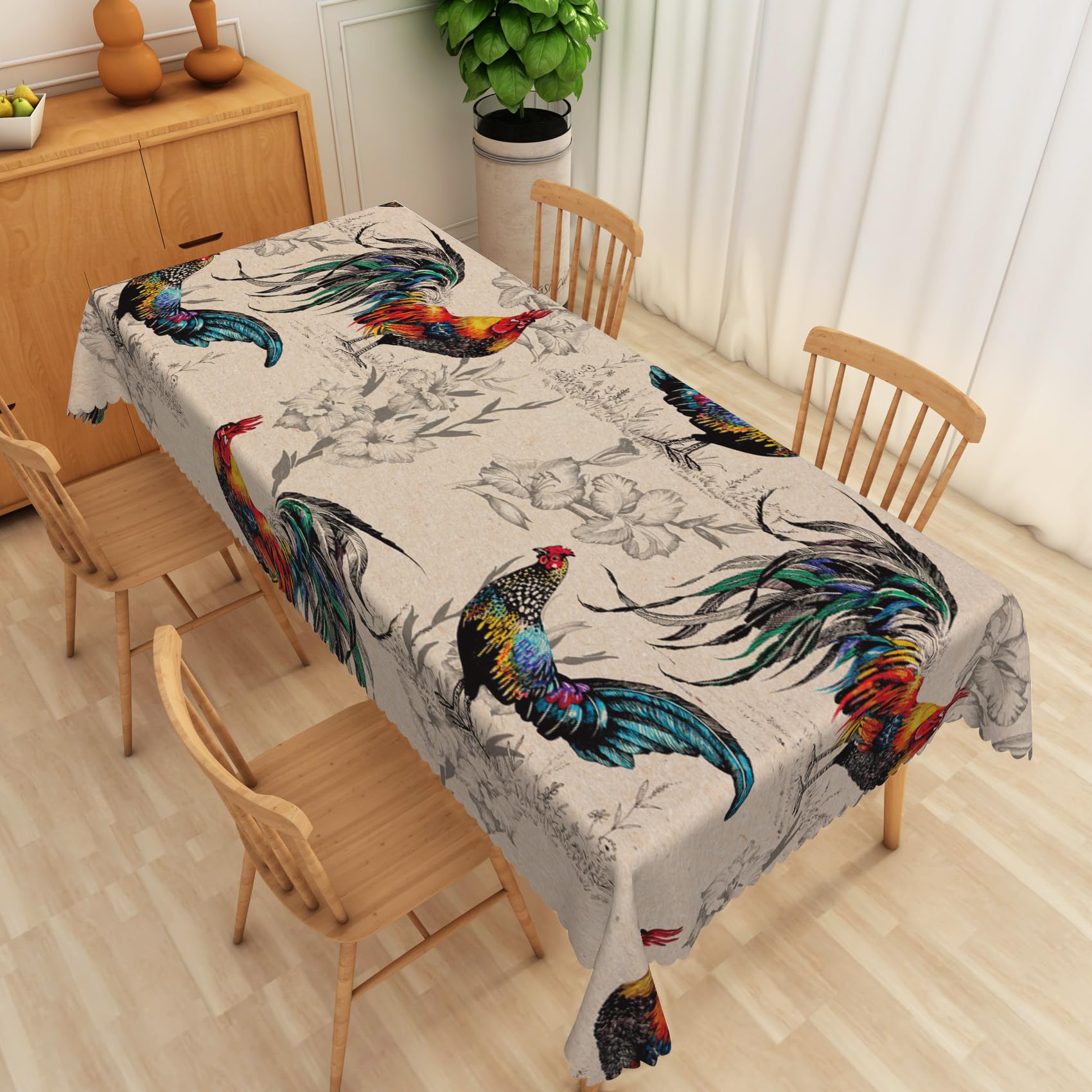 SIEDYCV Rooster Tablecloth 60x84 Inch Vintage Floral Rustic Colorful Roosters Light Brown Fabric Rectangle Table Cloth Polyester Waterproof Reusable