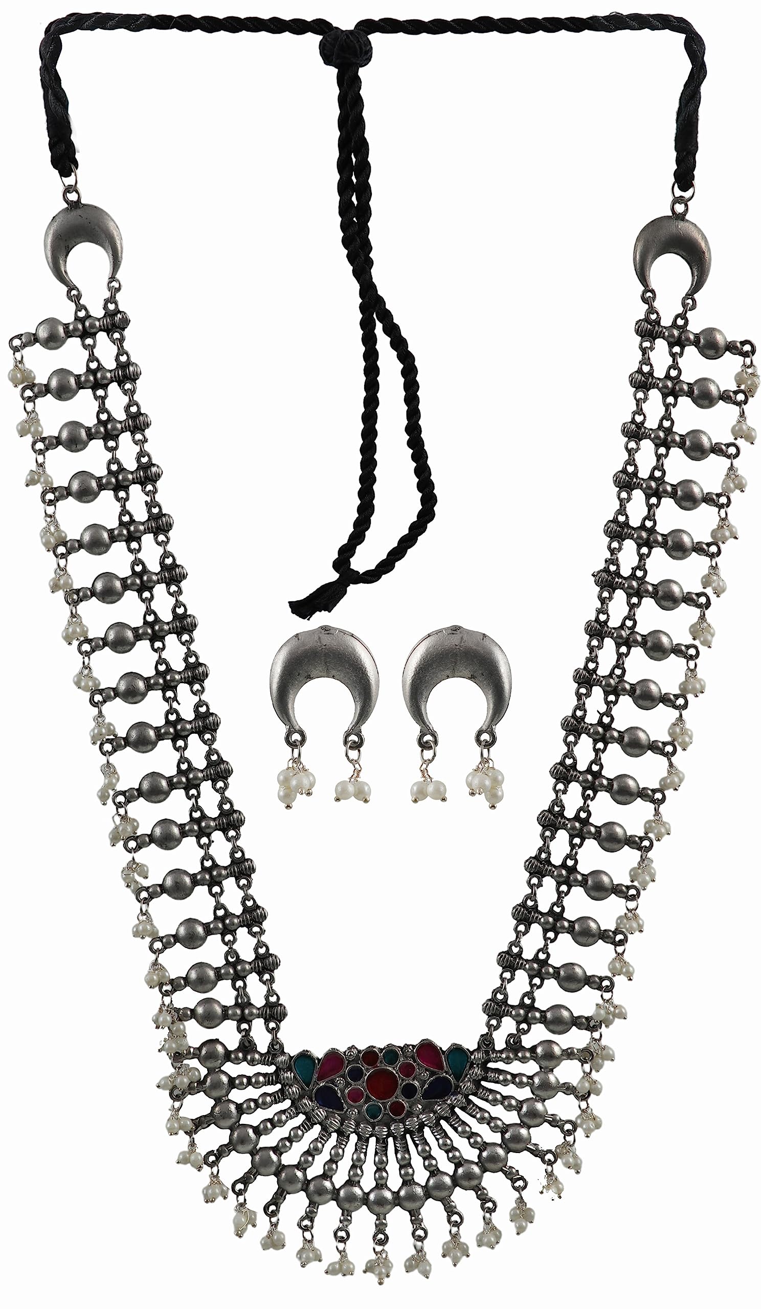 Fusion Designer Oxidised Silver Brass Ethnic Trditional Wedding Antique Fashion Long Necklace Set Jewelry Women Girls (B0C7GMFB2Q) Amazon Price History, Amazon Price Tracker
