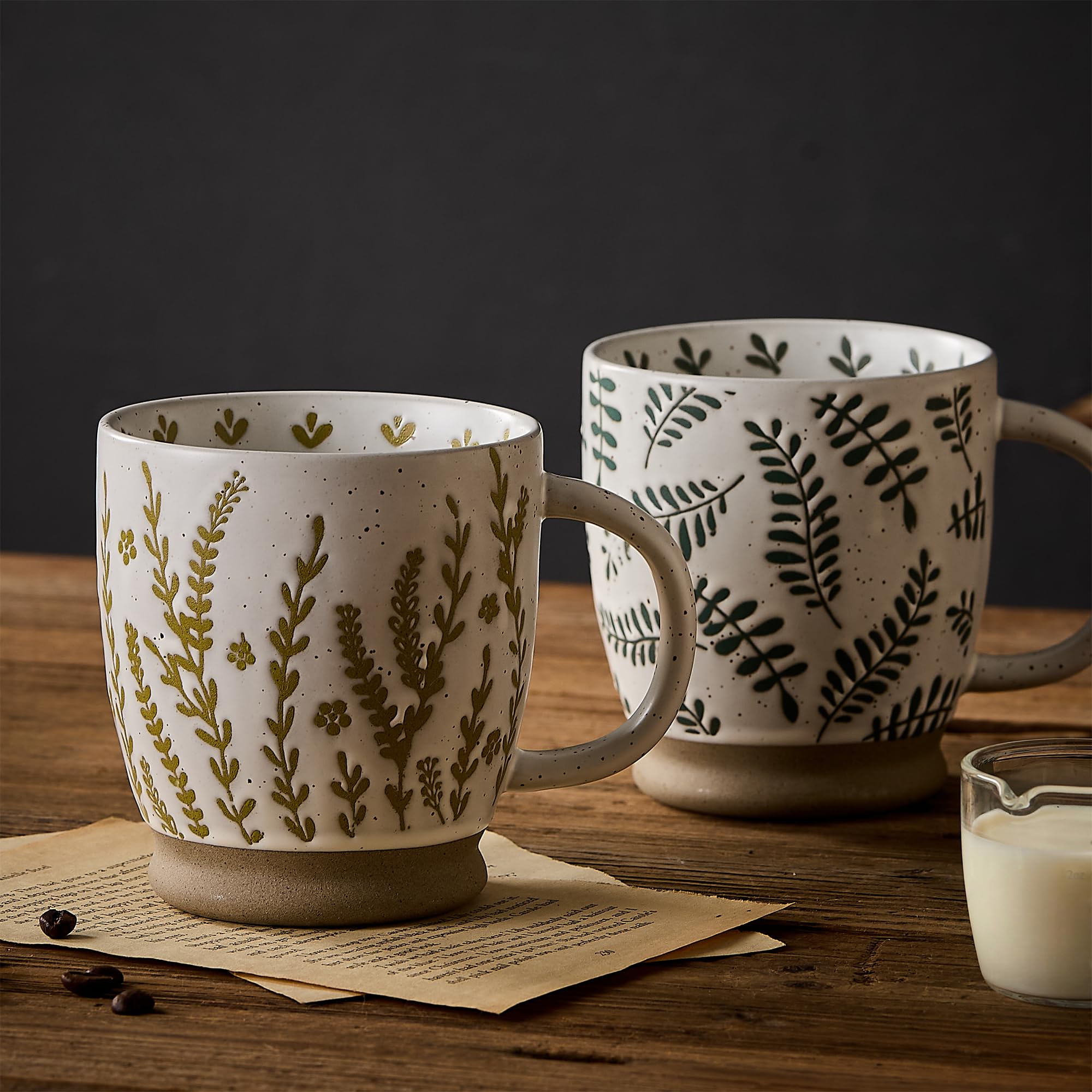 Juego de 2 tazas de café grandes de cerámica de 18 onzas, tazas florales rústicas hechas a mano con asa, aptas para microondas para café con leche, café, café, cacao, leche, tazas grandes modernas y