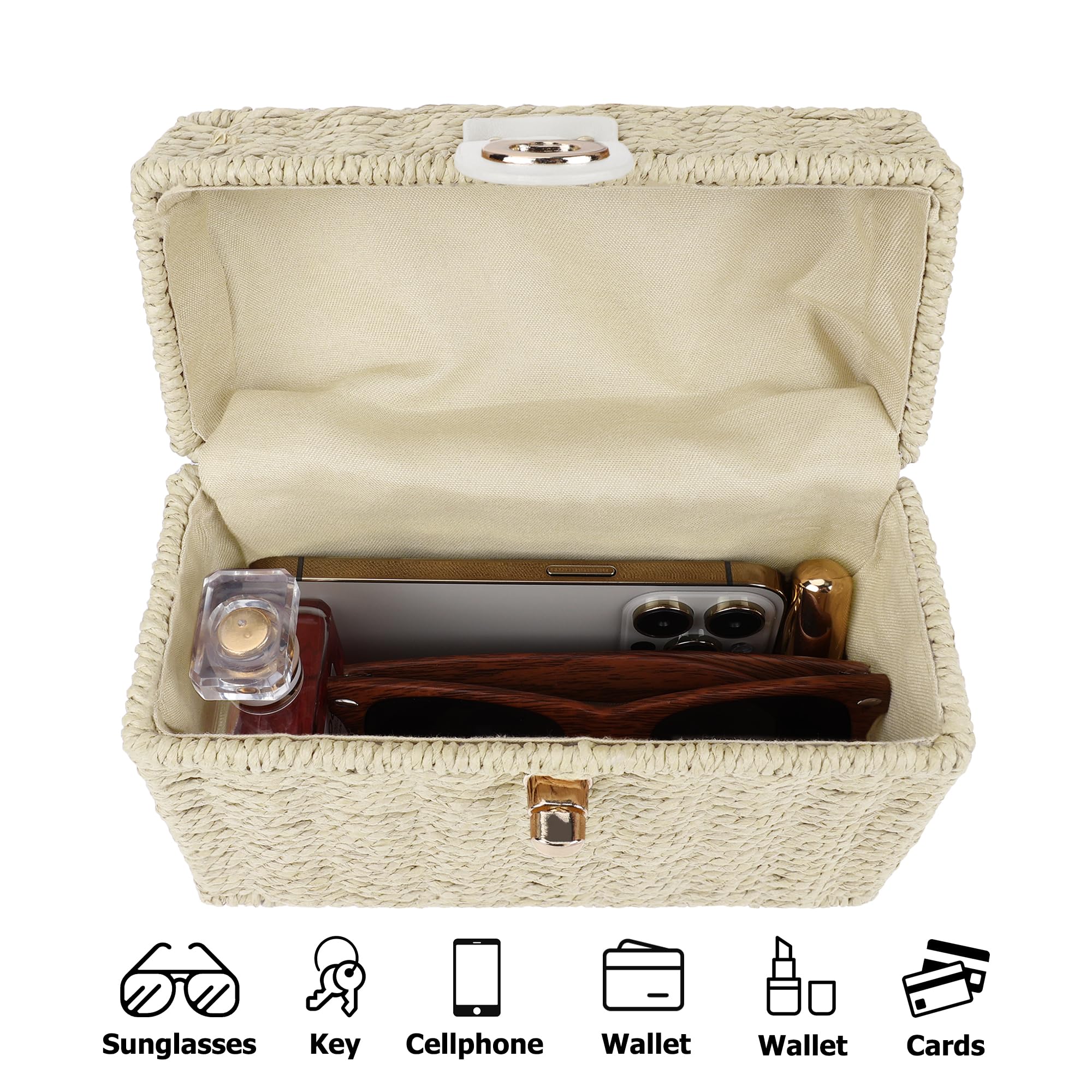 Handgewebte Rattan-Tasche für Damen, Korbgeflecht, Umhängetasche, Stroh, Strand-Tragetasche, Tragegriff oben, Handtasche mit Kettenriemen
