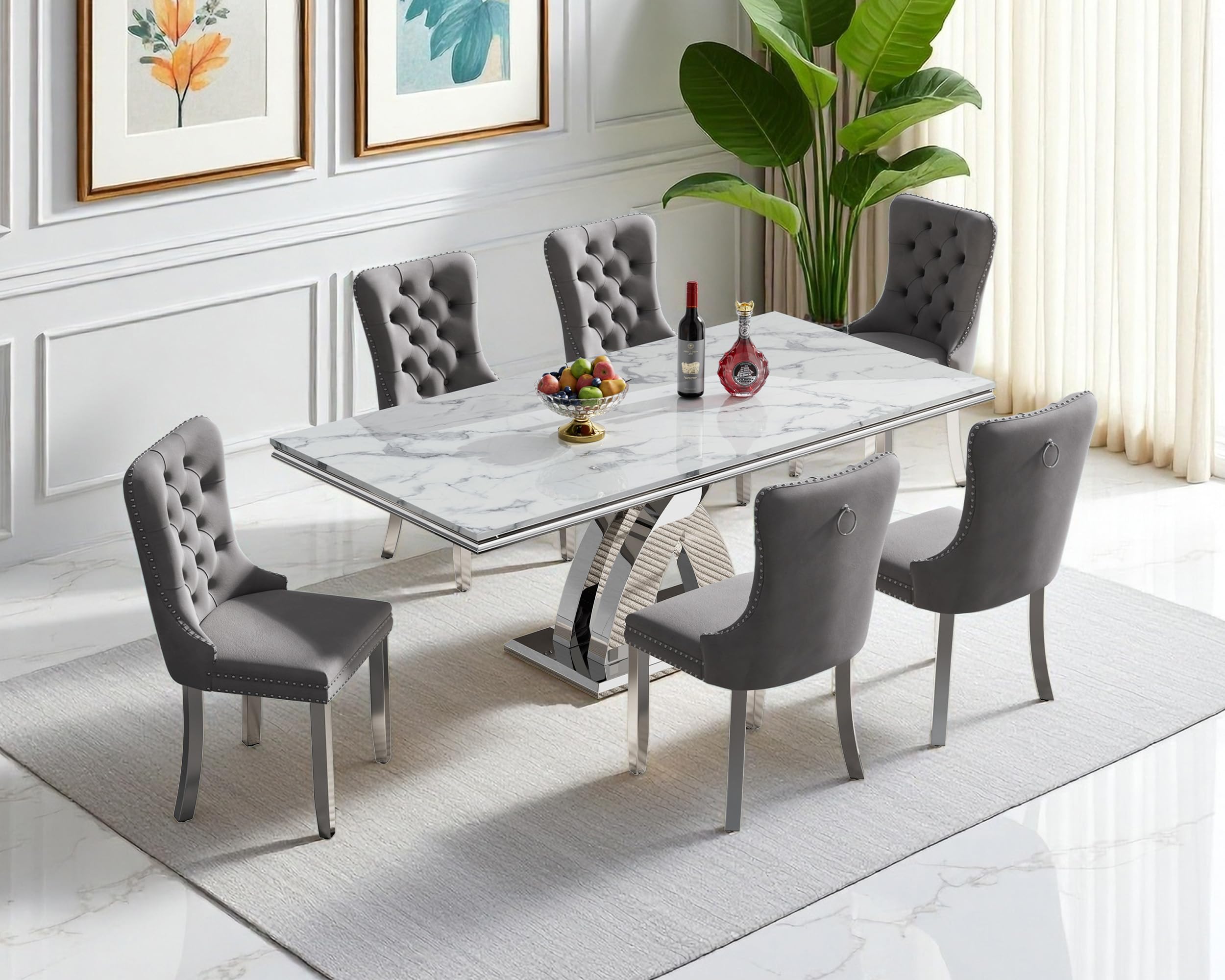 Kootlena Modern 68.11" Faux Marble Dining Table Set for 6, White&Silver Marble Dining Table with 6 Gray Velvet Chairs, Dining Room Table and Chairs