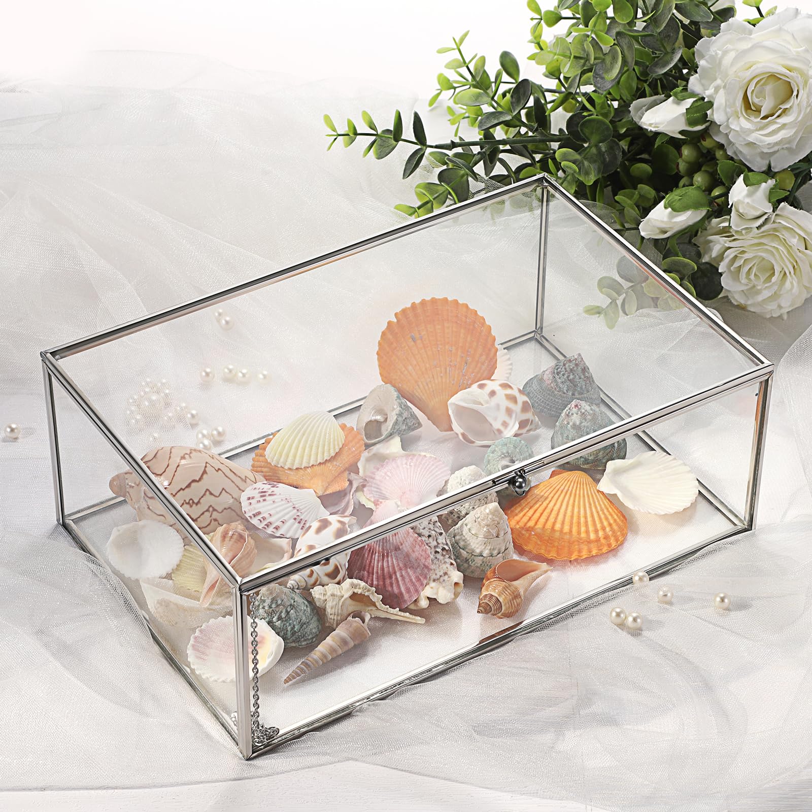 Portagioie in vetro vintage extra large, con coperchio, argento | Contenitore rettangolare in vetro, da tavolo, per gioielli, anelli, bracciali, collane