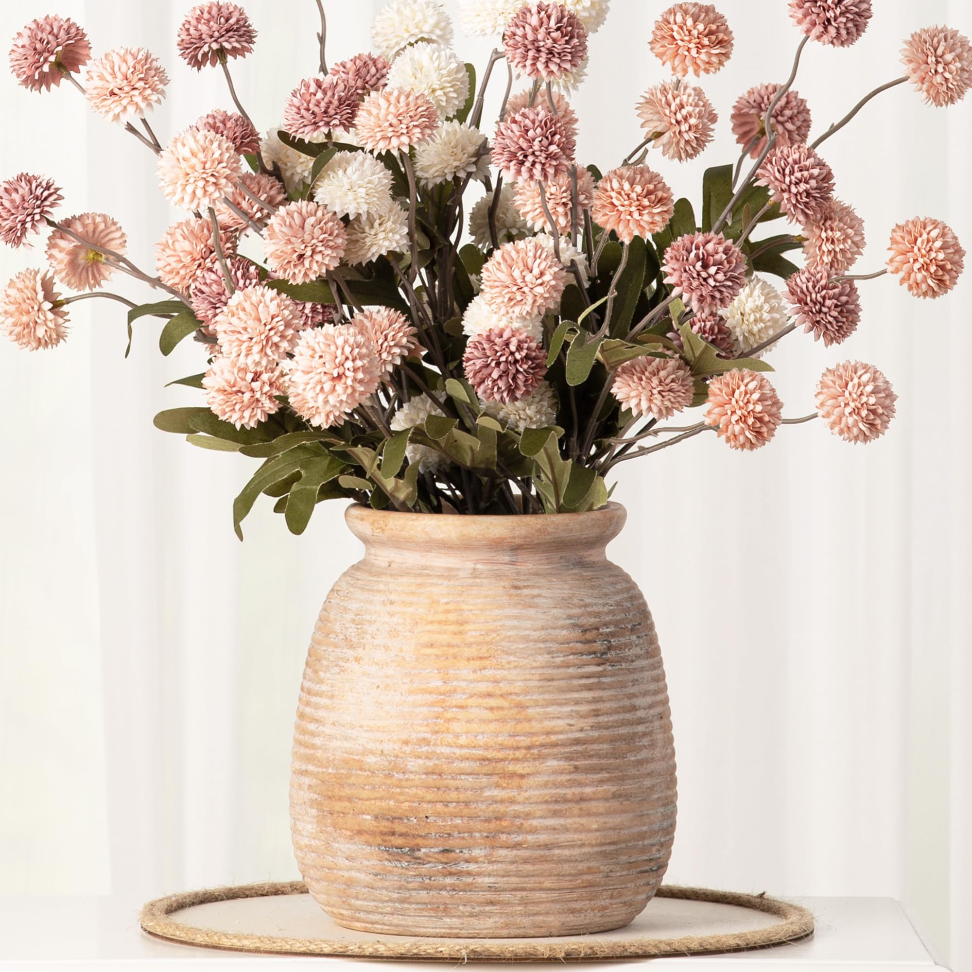 Ceramic Flowers Rustic Vase, Neutral Pottery Farmhouse Vases Home Decor, 7.48" Terracotta Pampas Decorative Vase for Table Entryway Mantel Bookshelf Bedroon Bathroom Living Room