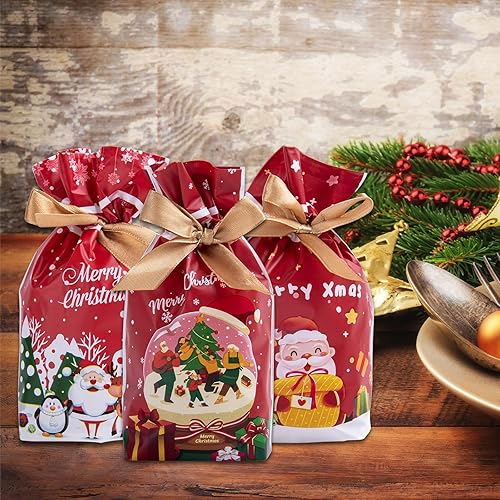 Miniatura 2 de Goture 50 bolsas de regalo con cordón, bolsas de regalo de San Valentín, Navidad, pequeñas bolsas de regalos con 5 diseños diferentes para Feliz