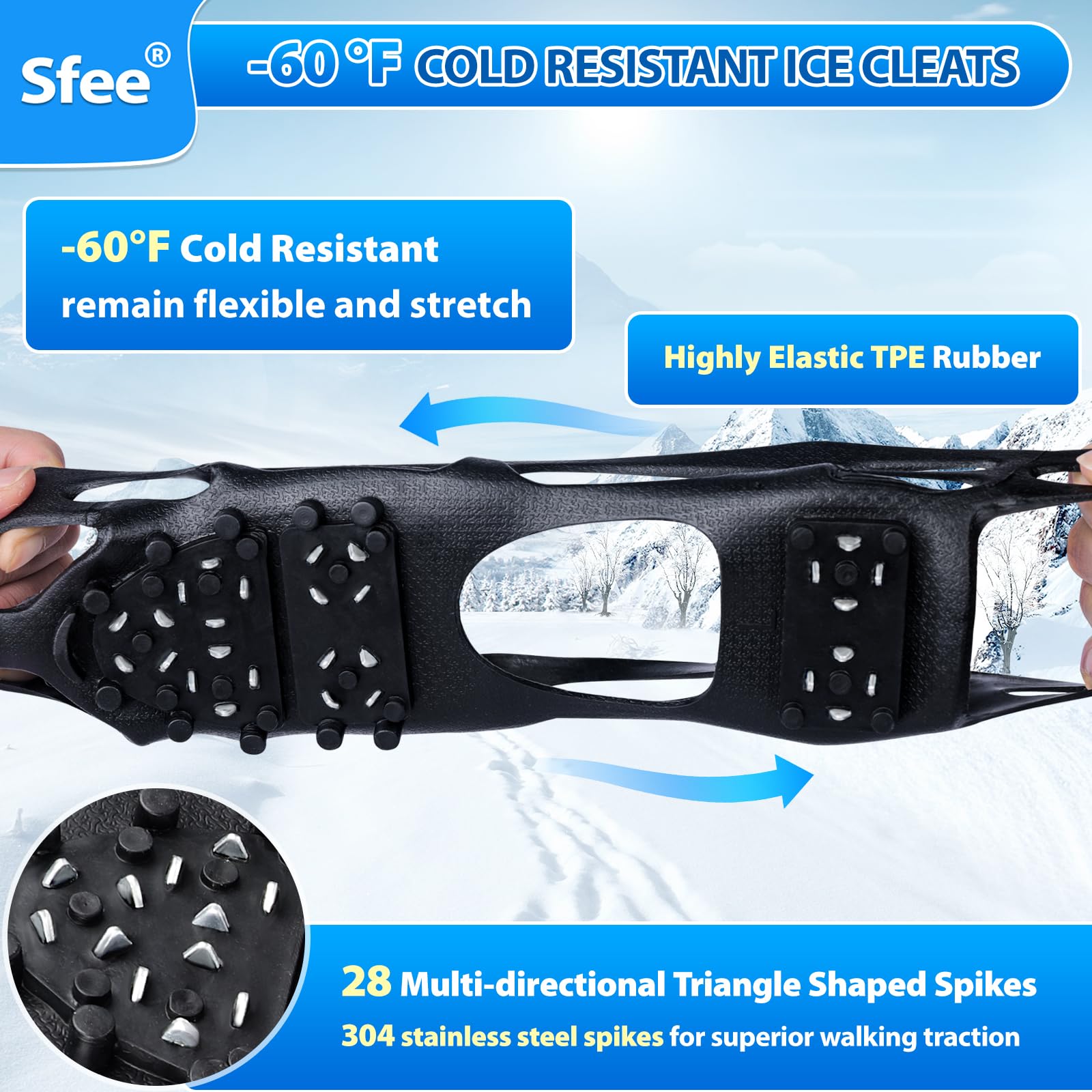 Sfee Crampons à glace pour chaussures et bottes, 28 crampons en acier ultra adhérents pour homme et femme, antidérapants, pour chaussures et bottes pour la marche, la randonnée, l'escalade, la pêche