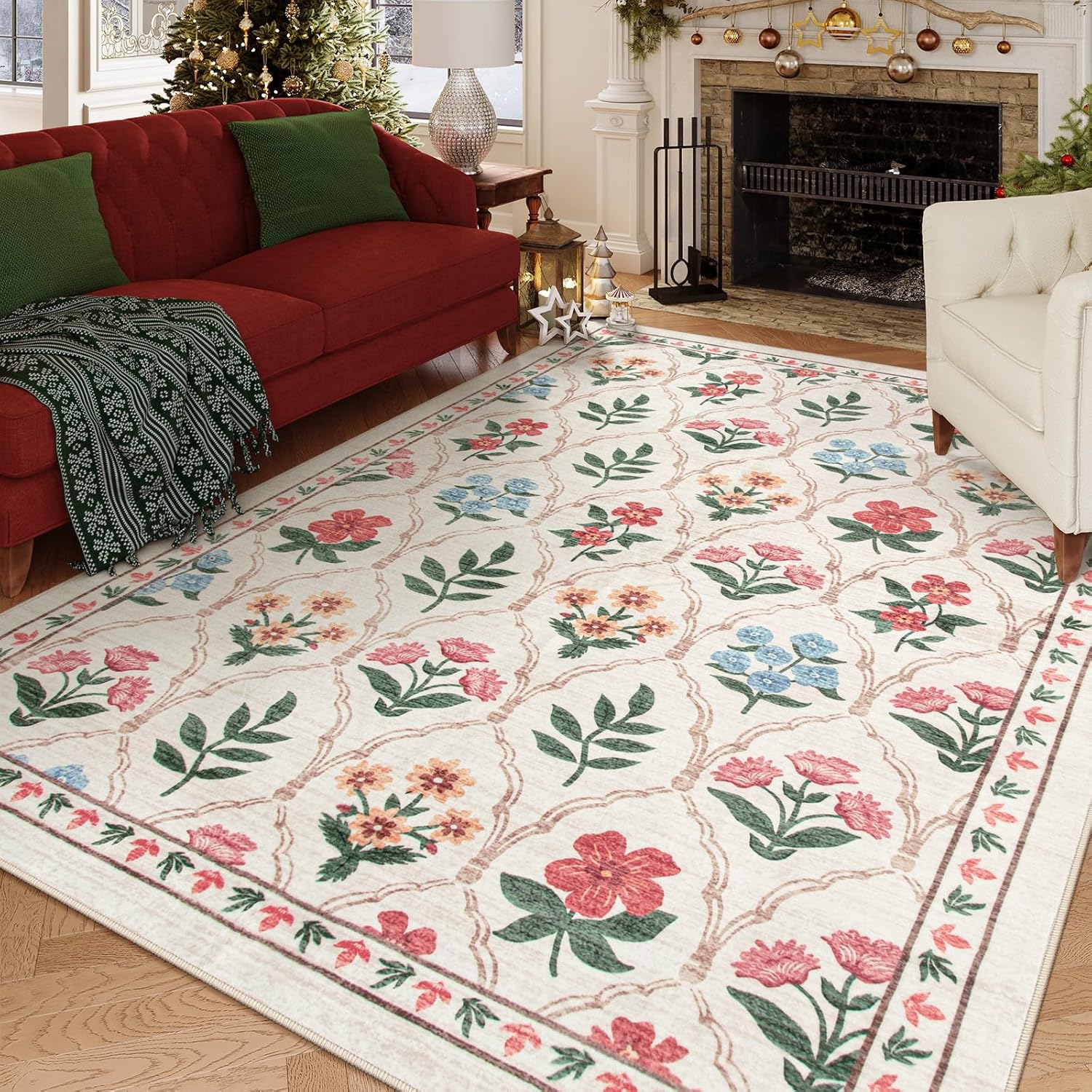 LIVEBOX Beige Living Room Rug 8x10, Soft Ultra-Thin Retro Rugs for Livingroom, Thin Non-Slip Cream Rug for Bedroom, Low-Pile Floral Boho Rug for Dining Room(8 x 10ft, Beige/Multi) 8‘ x 10’ Beige/Multi