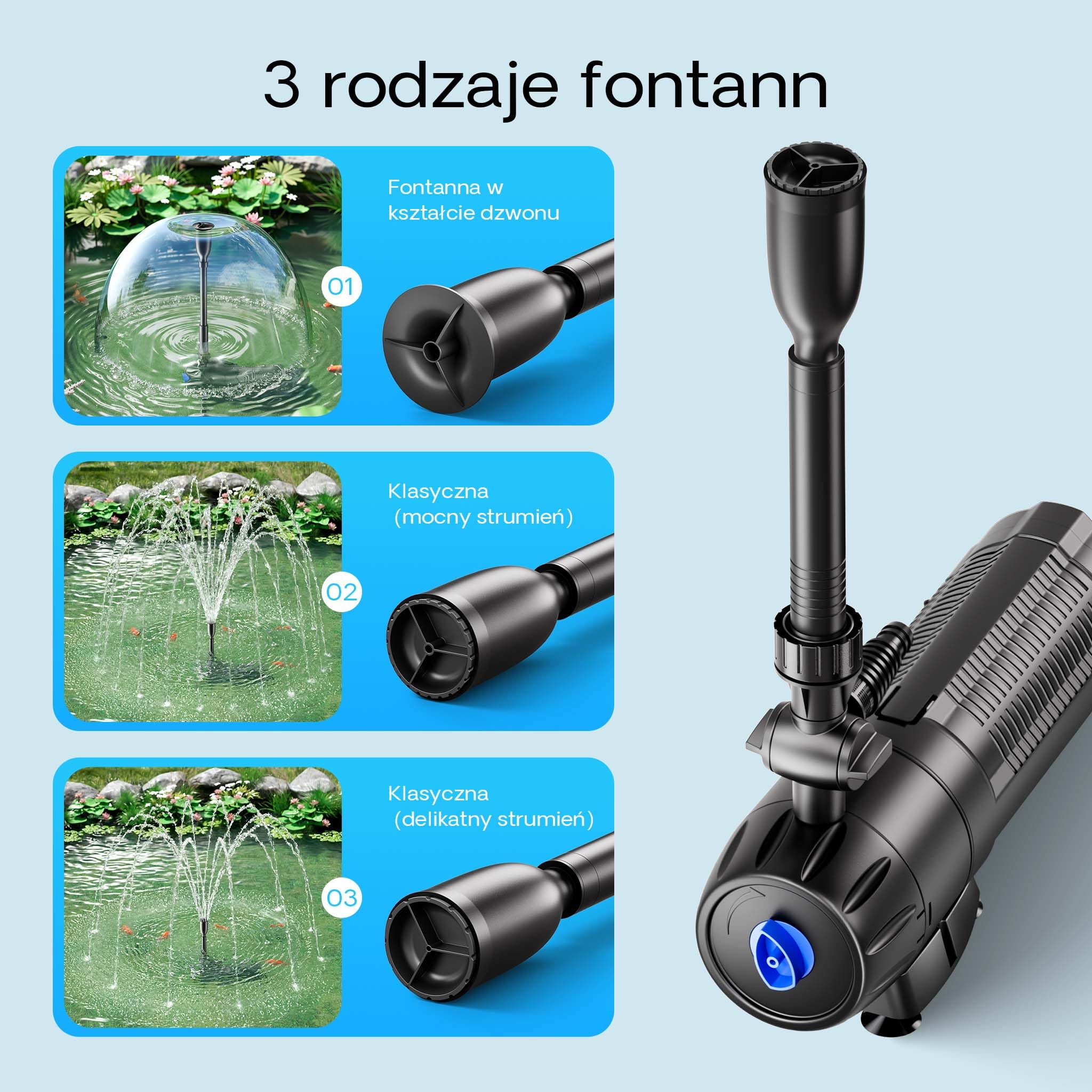 SunSun CUP-129 Pompa fontannowa z filtrem, 4 dysze fontannowe 1000l/h 24W i odstojnik UVC 9W, pompa do stawu ogrodowego biofiltr do stawu koi
