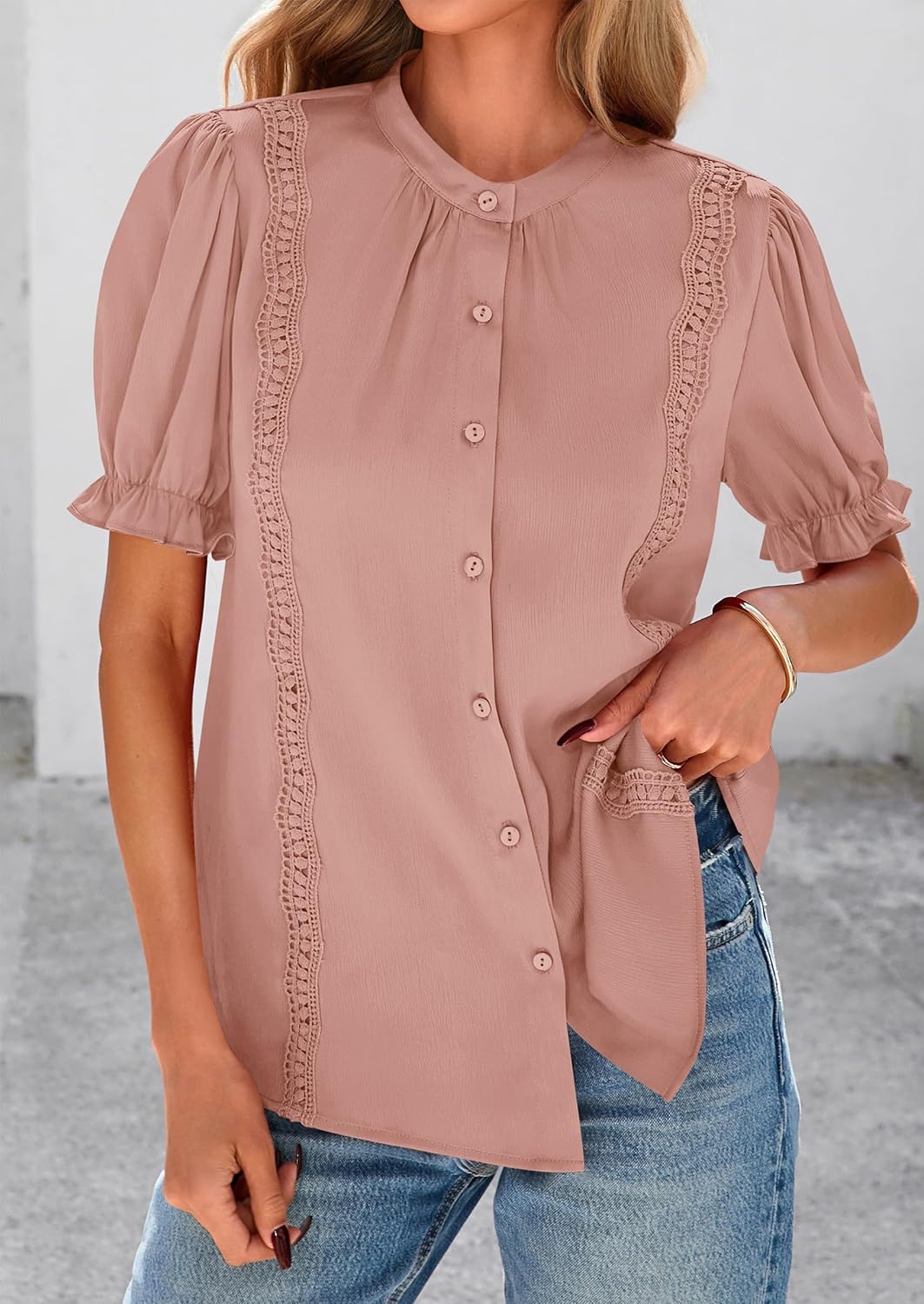 PRETTYGARDEN Women’s Puff Ruffle Sleeve Tops 2025 Summer Trendy V Neck Button Down Shirts Casual Embroidery Chiffon Blouses - Image 7