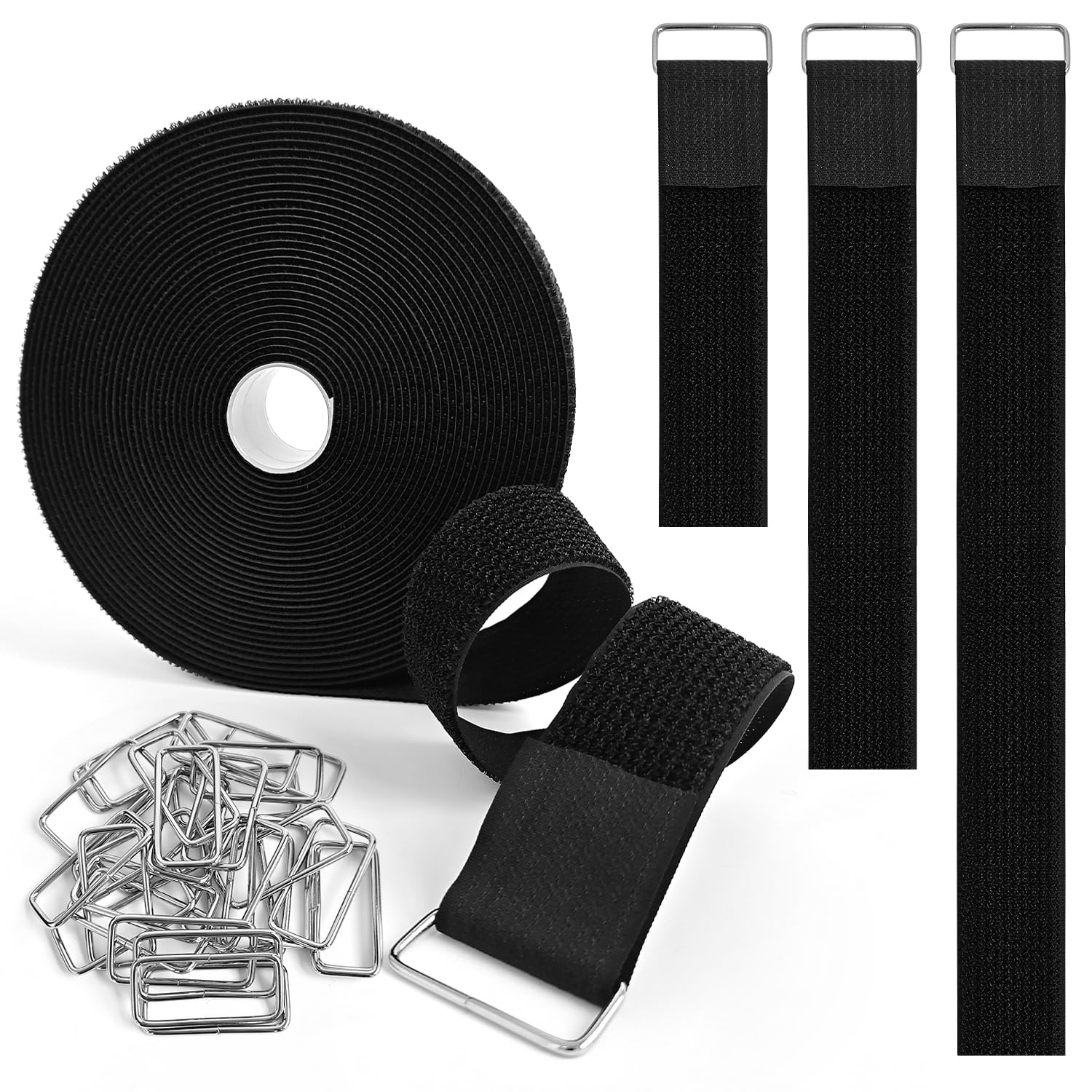 1.5 Inch x 32 Ft Cable Tie with Hooks, 30 Metal Buckles, Adjustable Reusable Securing Cord Ties, Freely Cut-to-Length Cinch Strap, Suitable for Organization and Storage