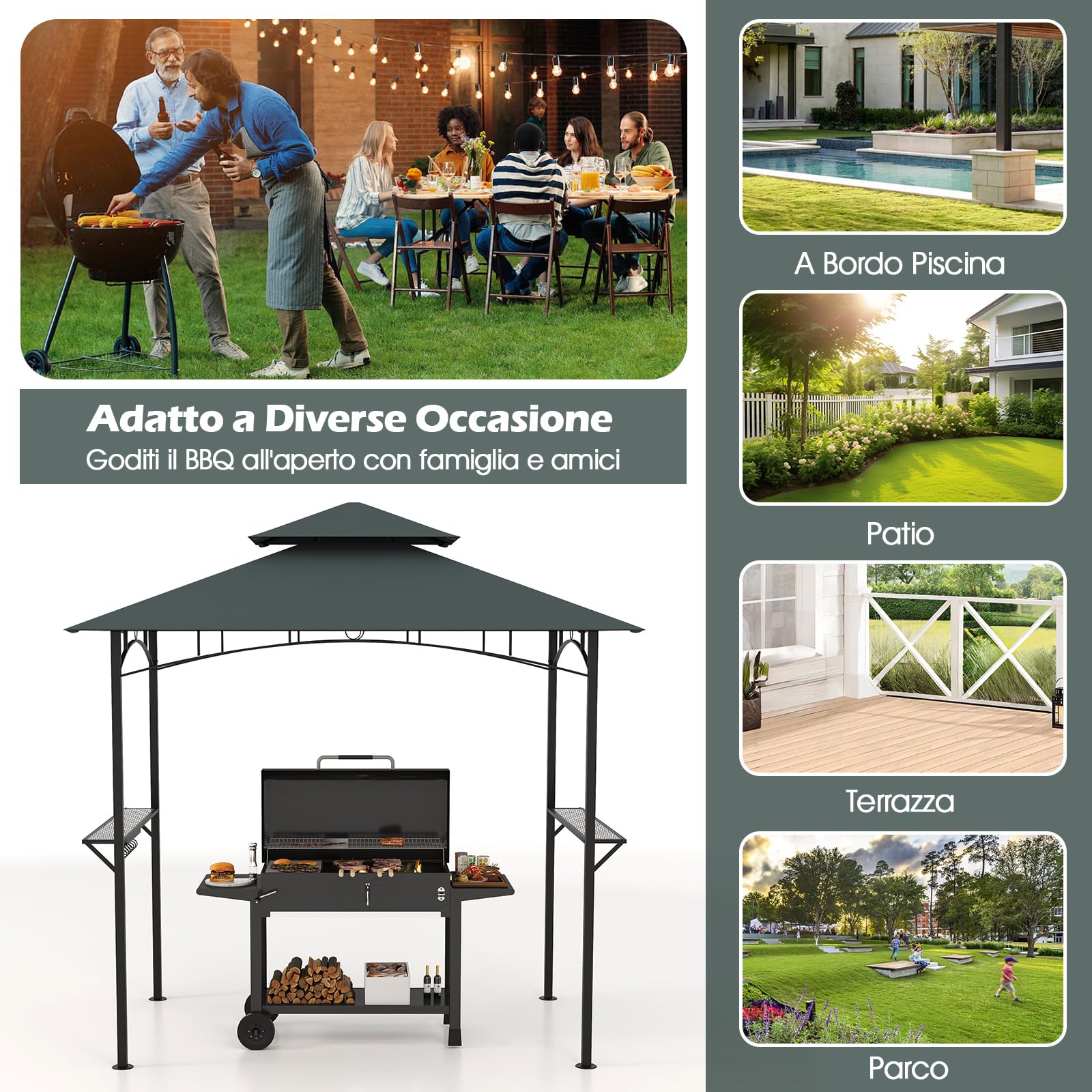 COSTWAY Gazebo per Barbecue 240 x 151 cm, Pergola per BBQ con con 2 Ripiani, 7 Ganci, Struttura in Metallo e Tetto Morbido, Tenda per Picnic e Barbecue per Giardino, Piscina e Terrazza (Grigio)