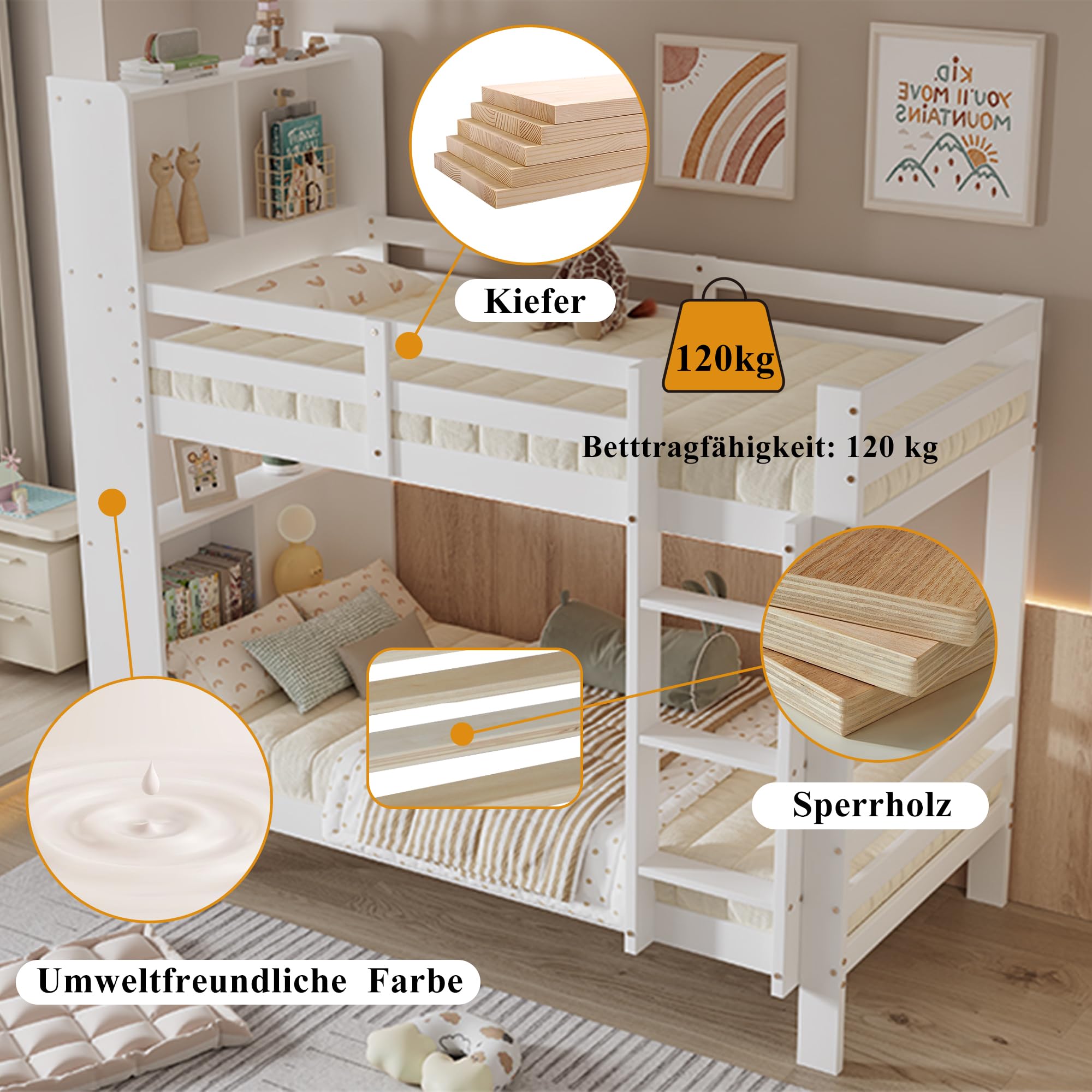 Oyemige Letto a Castello, Letto per Bambini con Contenitore, Letto Matrimoniale con Ripiano e Scala Ad Angolo Retto a Tre Gradini, 90x200 cm Letto In Legno, Rete A Doghe, Bianco, Senza Materasso