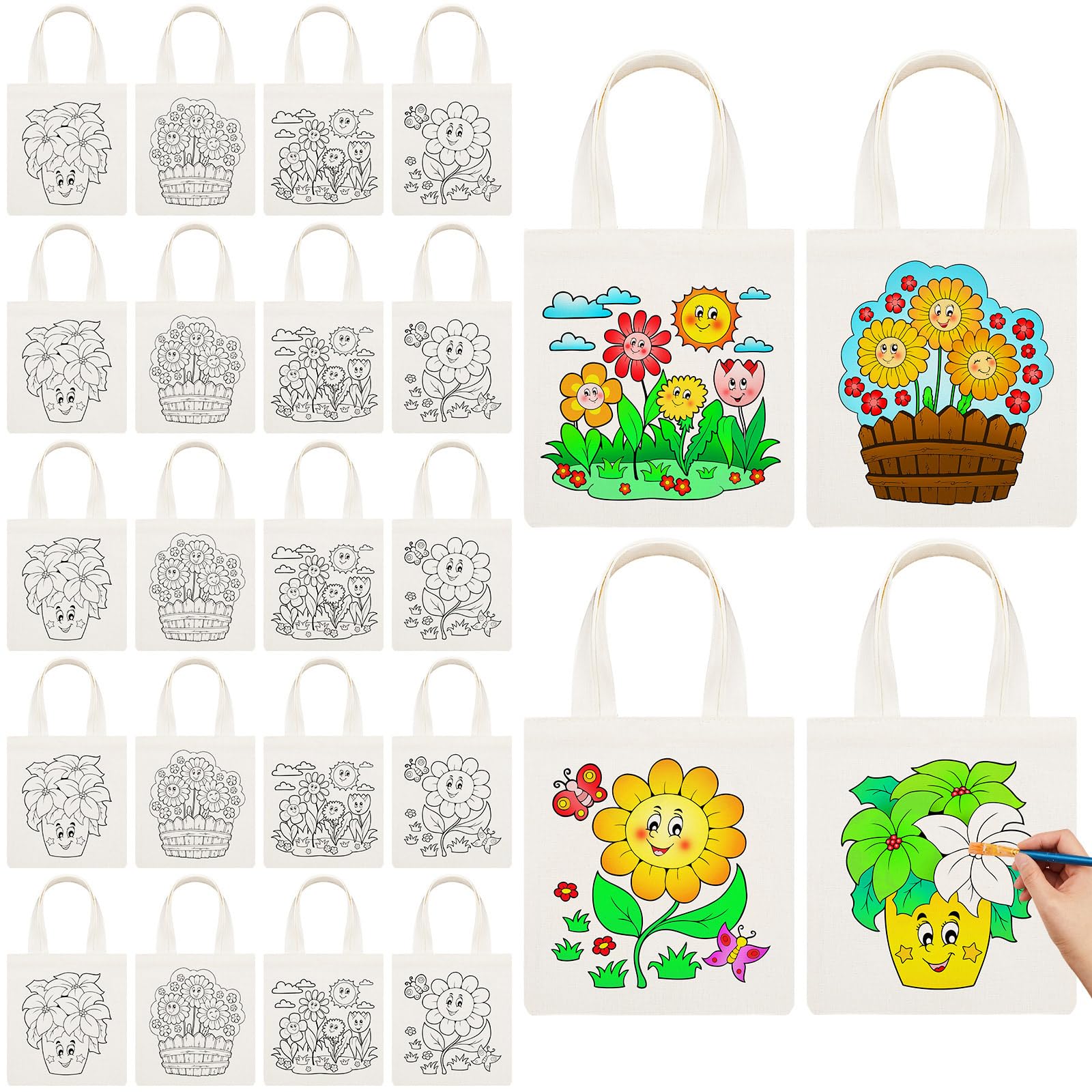 Amylove 24 Pcs Flower Coloring Goodie Bags for Kids 8 x 8.5 Inch Sunflower Canvas Color Your Own Tote Bag Reusable DIY Painting Crafts School