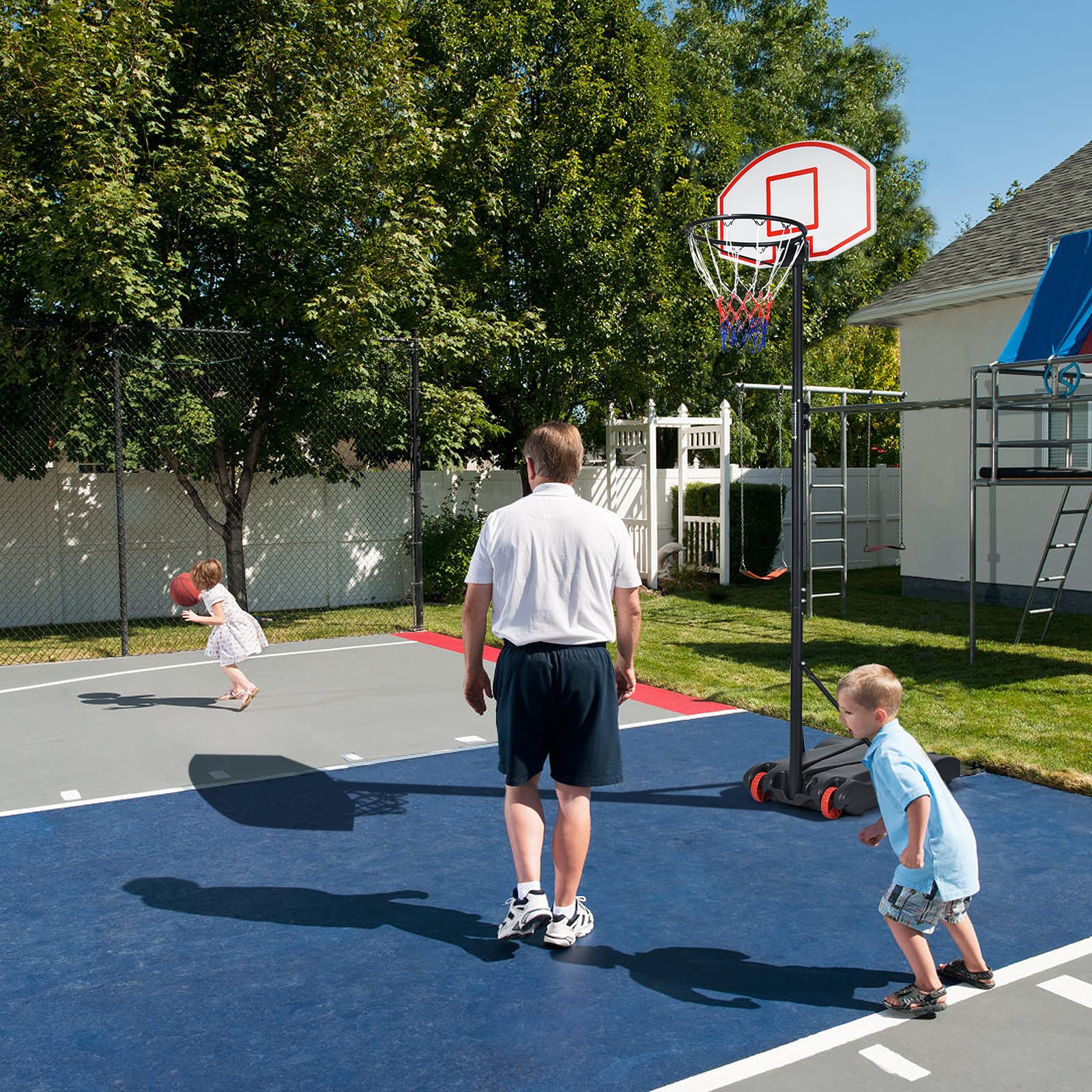 GYMAX Panier de Basket-Ball Extérieur pour Enfants, Hauteur Réglable 178-208cm, 2 Filets Inclus, Mobile avec Roues, Base Remplissable d'eau 25kg ou Sable 30kg