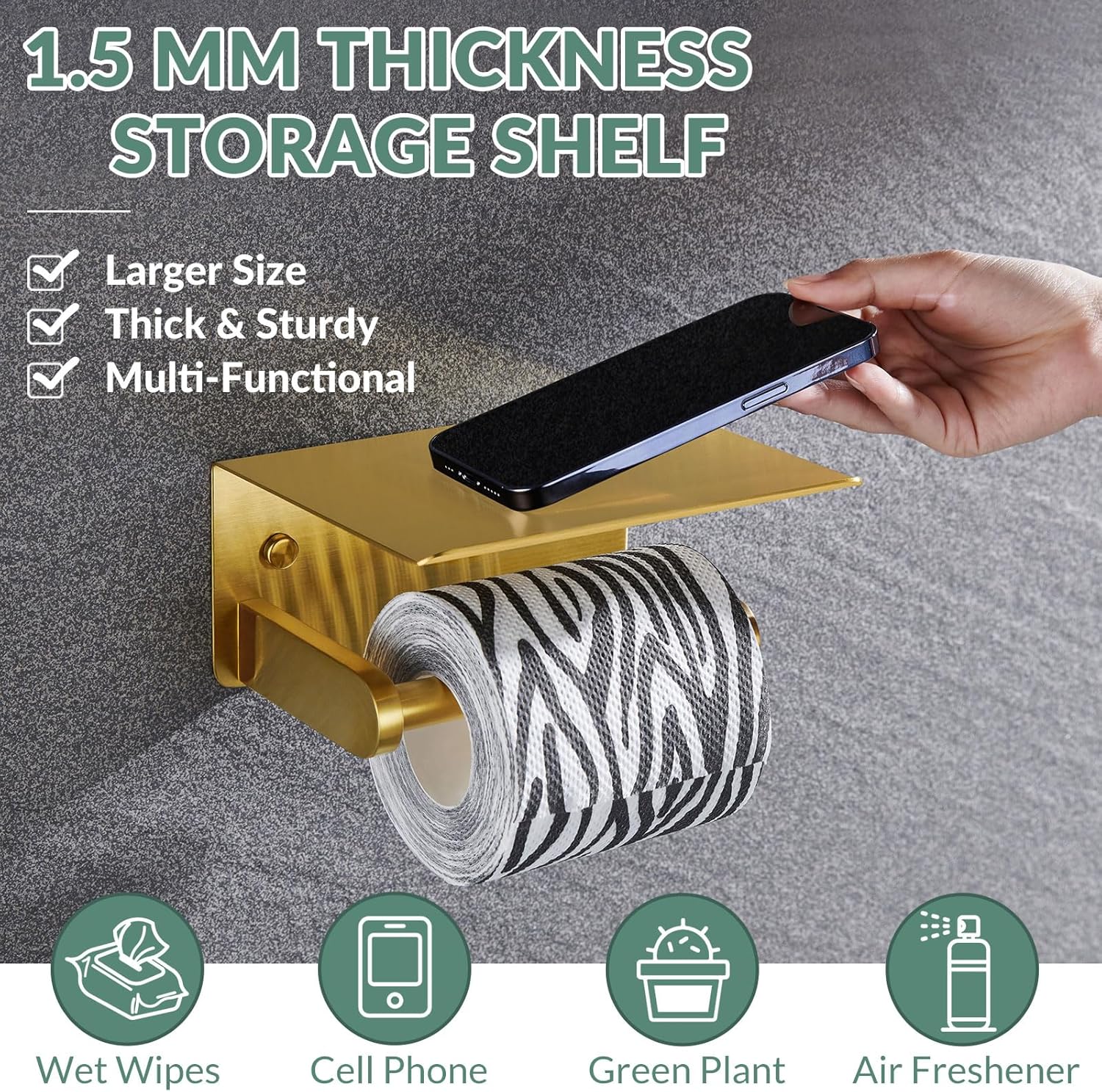 Bath Robe Hook 2 Pack and Toilet Paper Holder with Shelf Bundle, APLusee 304 Stainless Steel Wall Mounted Bathroom Accessories Brushed Gold