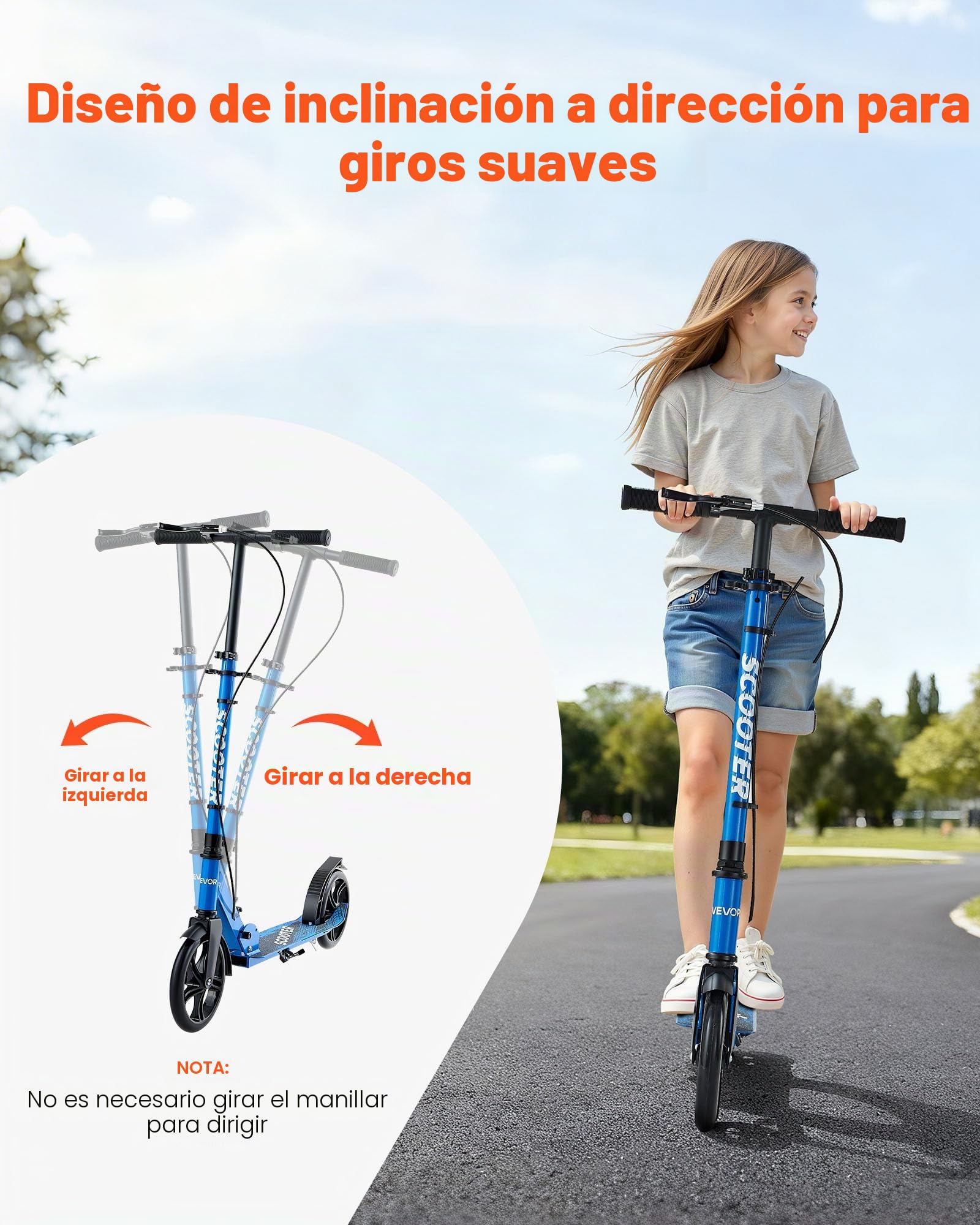 VEVOR Patinete a Niños a Partir de 8 Años, 2 Ruedas, con Manillar Regulable en Altura y Base Antideslizante, Freno Mano, Marco de Aleación Aluminio, hasta 100 kg, Negro Azul, 900 x 380 x 1000 mm