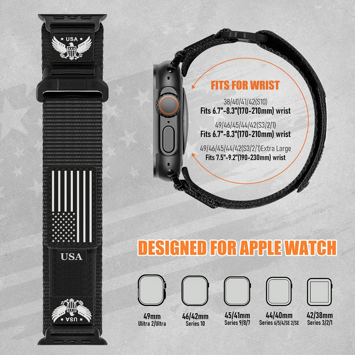 Rugged Nylon Bands for Apple Watch Ultra/3/2 Band 49mm 46mm 45mm 44mm 42mm iWatch Bands Men,Star-Stripe Flag Woven Sport Strap 30MM Wide Fabric Wristband for Apple Watch Series 11 10 9 8 7 6 5 4 3 SE - Image 7