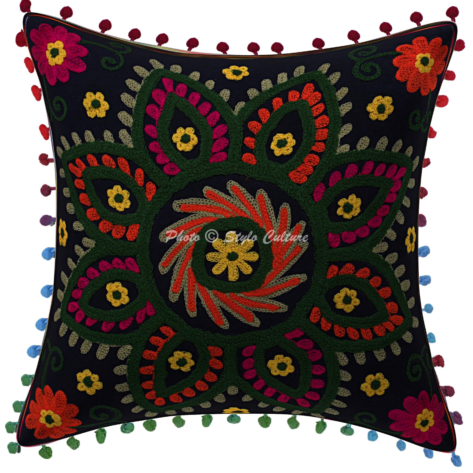 Ethnisch Dekorativ Baumwolle Couch Kissenbezüge 40x40 cm Schwarz Dekokissen Suzani Bestickte Pom Pom Spitze Schlafzimmer Sofa Kissen Bezüge Quadrat Blumen Kissenhullen - 4 STK.