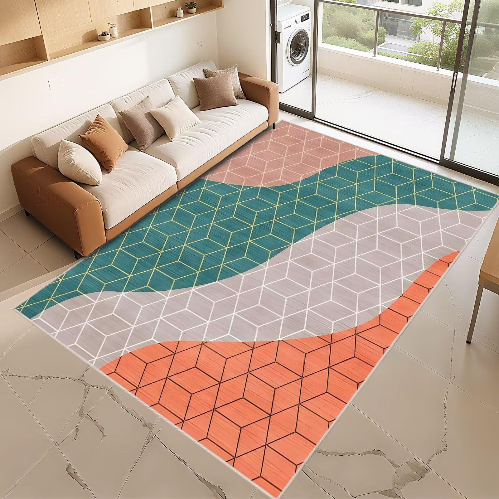 Tapis poil ras motif géométrique abstrait gris vert moderne 160x200cm