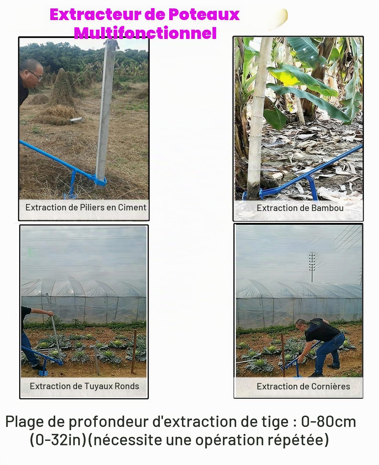 Outil d'extraction de racines d'arbres, Arracheur de poteaux en bambou 100 cm, griffe C réglable 5-11, bleu