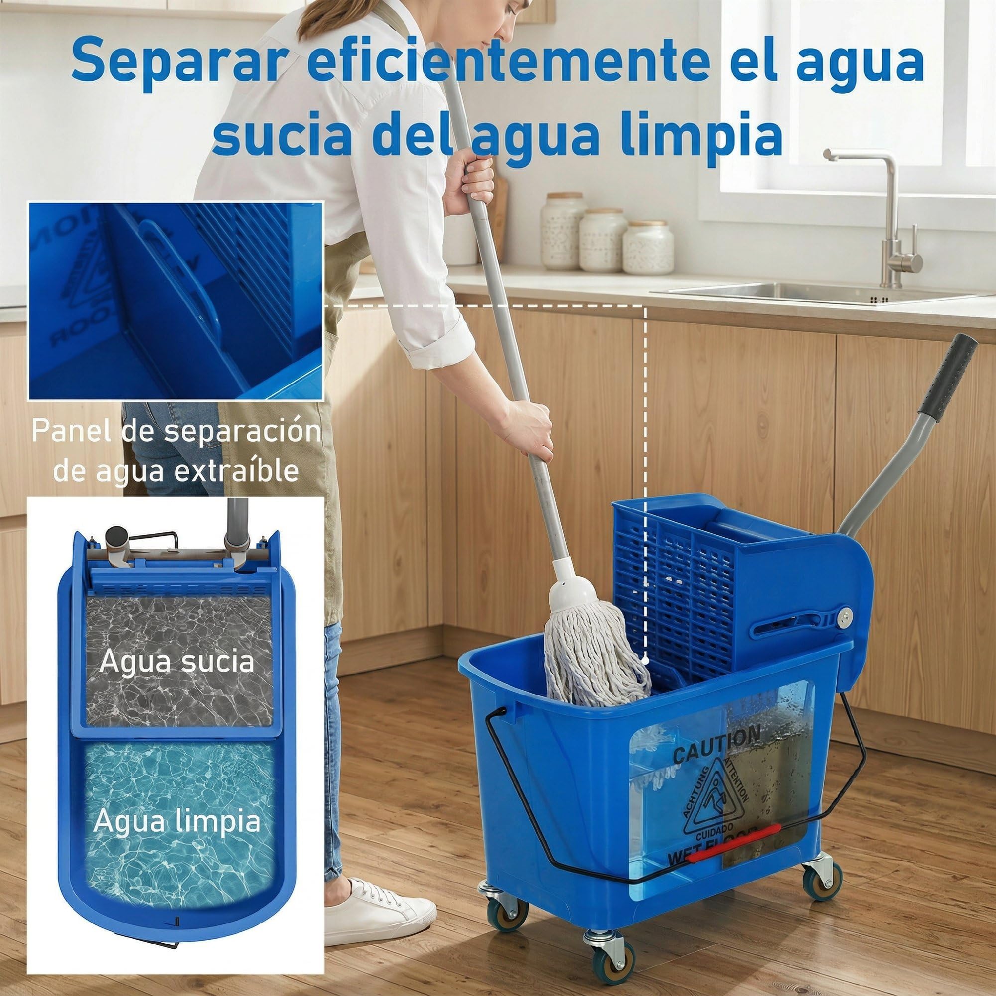 HOMCOM Cubo de Fregona con Ruedas Capacidad de 20 L Cubo de Fregar con Sistema de Escurridor Mopa y Asa de Transporte para Doméstico y Comercial Azul