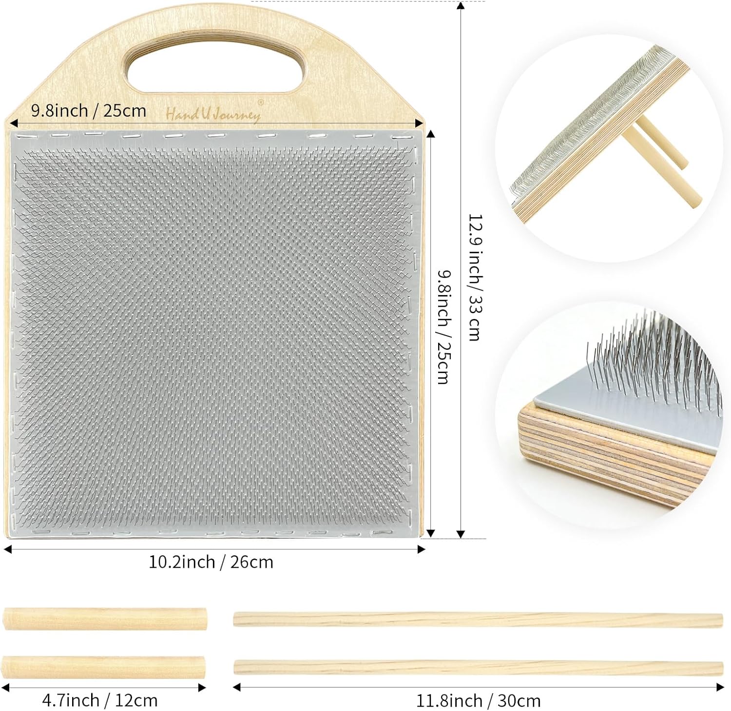 HAND U JOURNEY 9.8 Inch Wool Blending Board - Durable Wooden Backing, Fine 6.5 PPI Card Cloth, Includes 2 Dowel Rods for Easy Drafting & Rolag Removal.