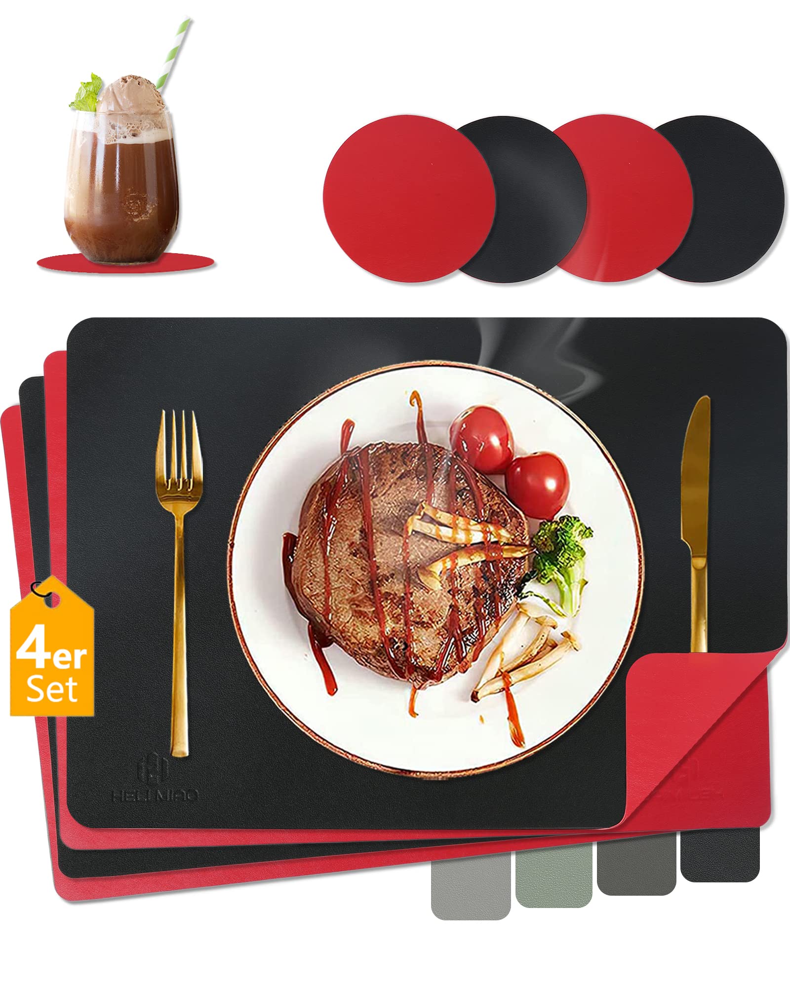HELI MIAO Tischsets Abwaschbar,Platzsets Abwischbar, Leder,Hitzebeständig Doppelseitigen I 6er Set Platzdeckchen Lederoptik mit Untersetzer,Tischuntersetzer rutschfest,Salbeigrün