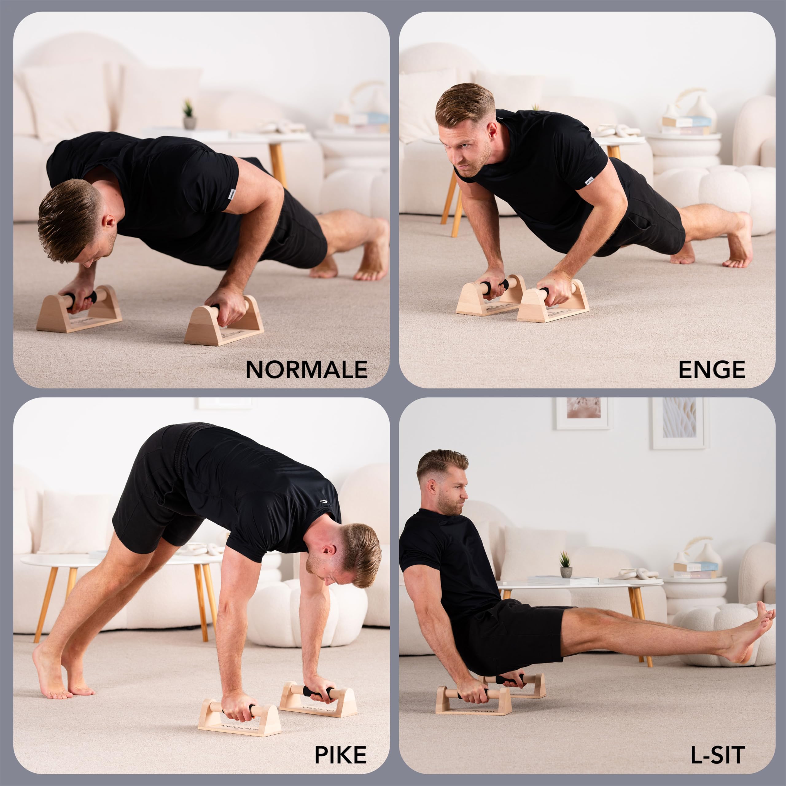Premium Liegestützgriffe aus Holz [Extrem rutschfest und stabil] mit Soft Grip Griff | Parallettes | Ergonomische und gelenkschonende Handstand Griffe | Calisthenics Equipment