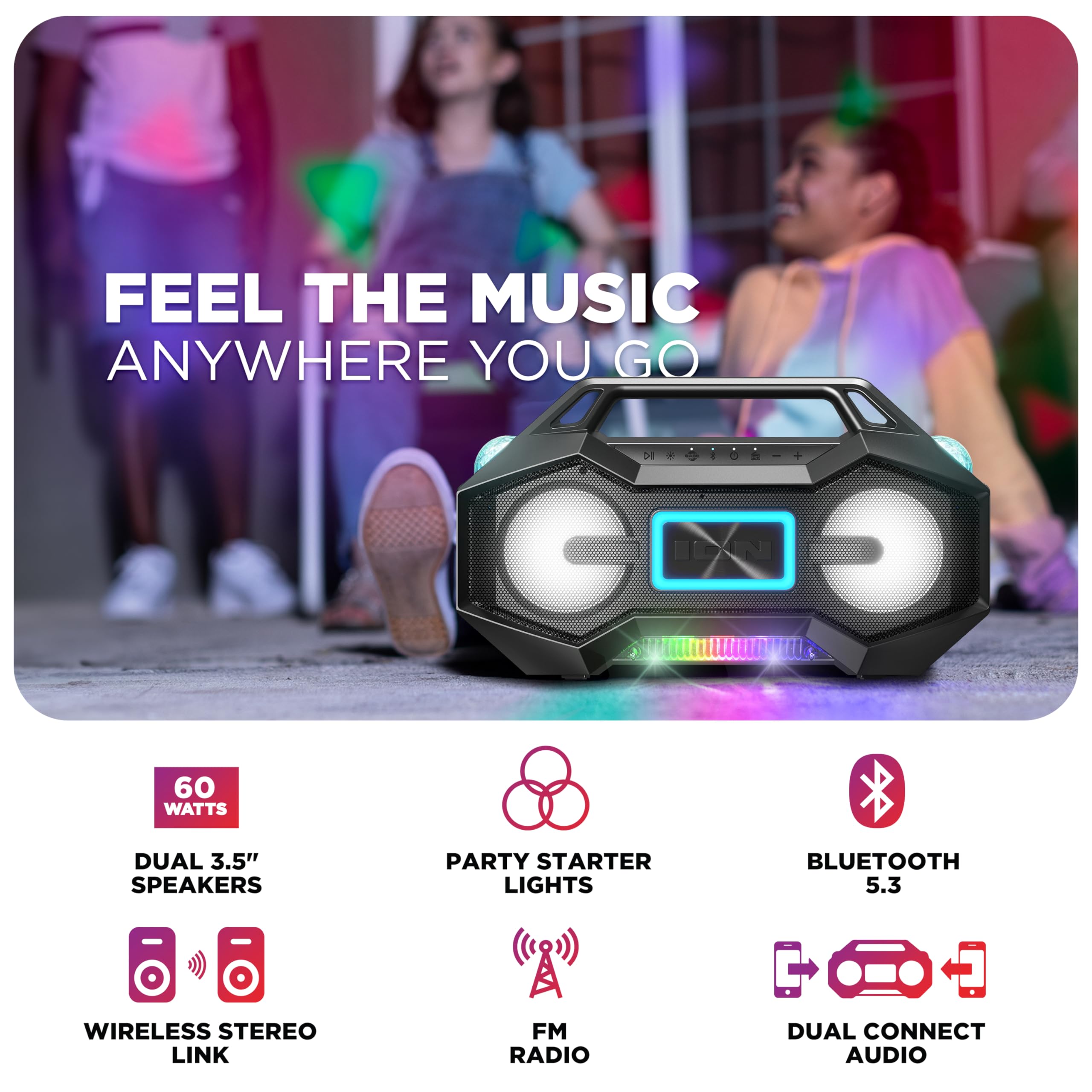 Ion Party Rocker Go Portable Bluetooth Boombox Speaker with Party Lights, Battery, 3.5