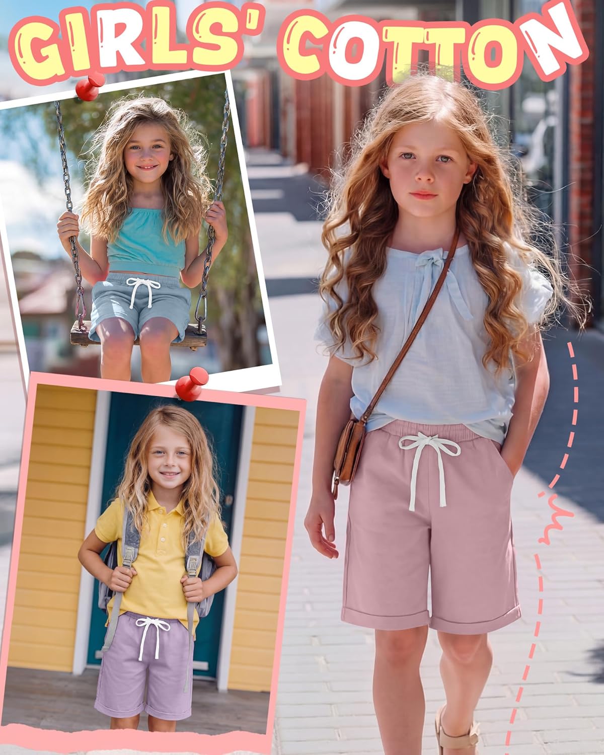 3 Pack Girls' Bermuda Shorts 5-14Y Kids Cotton Wide Leg Cargo Shorts High Waist Casual Summer Clothes with Pockets