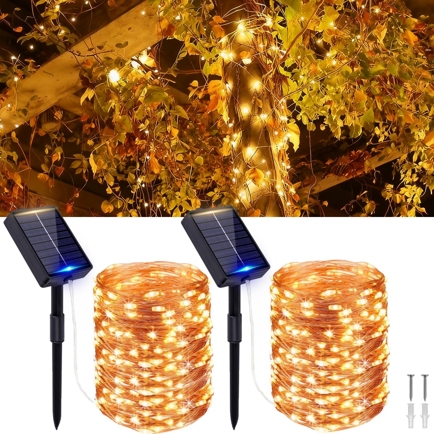 MOLVCE Outdoor Solar Fairy Lights, 2 x 20 m, 200 LED Fairy Lights, Outdoor Solar with 8 Modes and Memory Function, Copper Wire Solar Fairy Lights, IP65 Waterproof for Garden, Yard, Balcony, Warm White — image 1