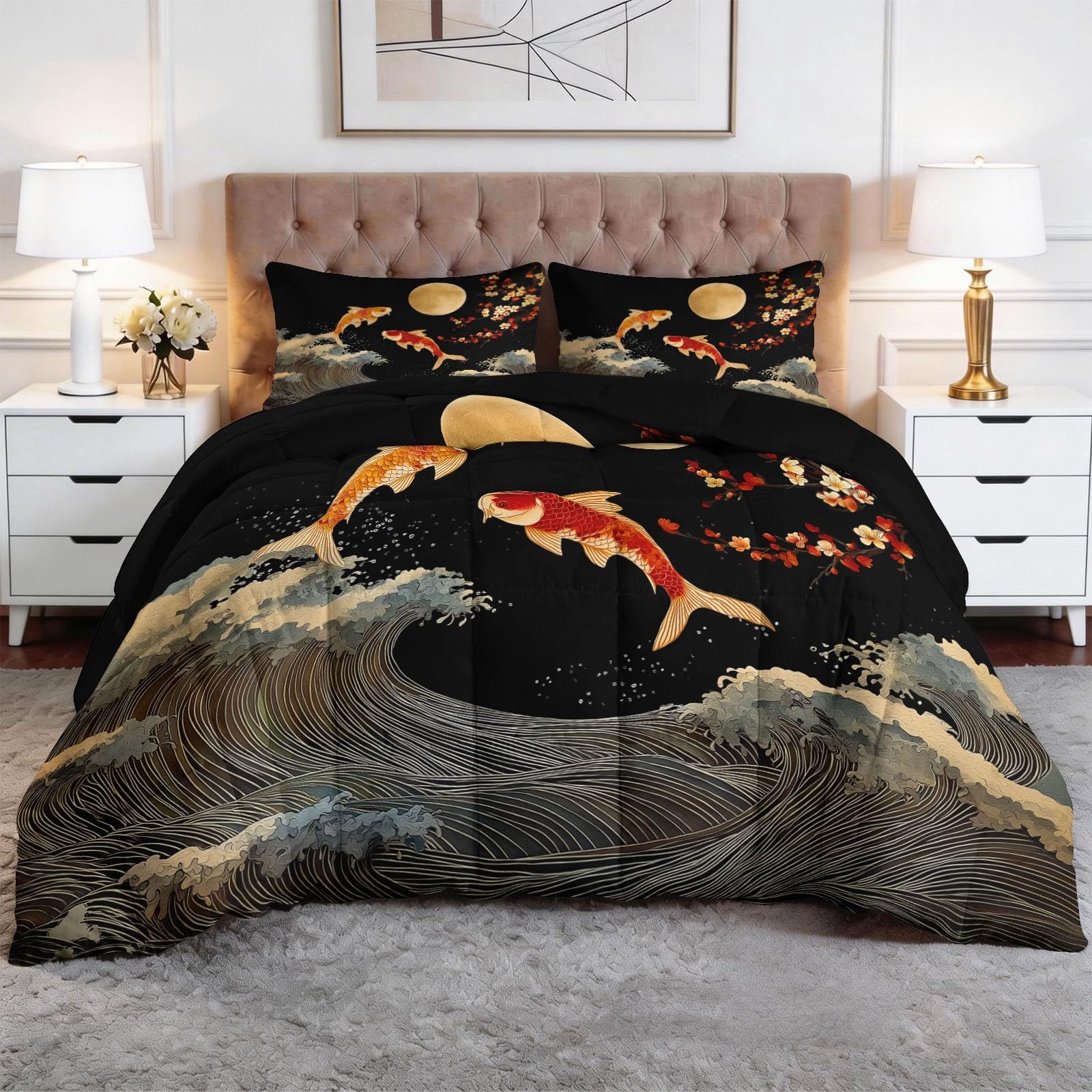 Générique Trapunta 240 x 260 cm reversibile nero, trapunta moderna tradizionale giapponese Carpa Koi stampata 4 stagioni per letto matrimoniale - piumino reversibile Edredon senza fodera leggera calda