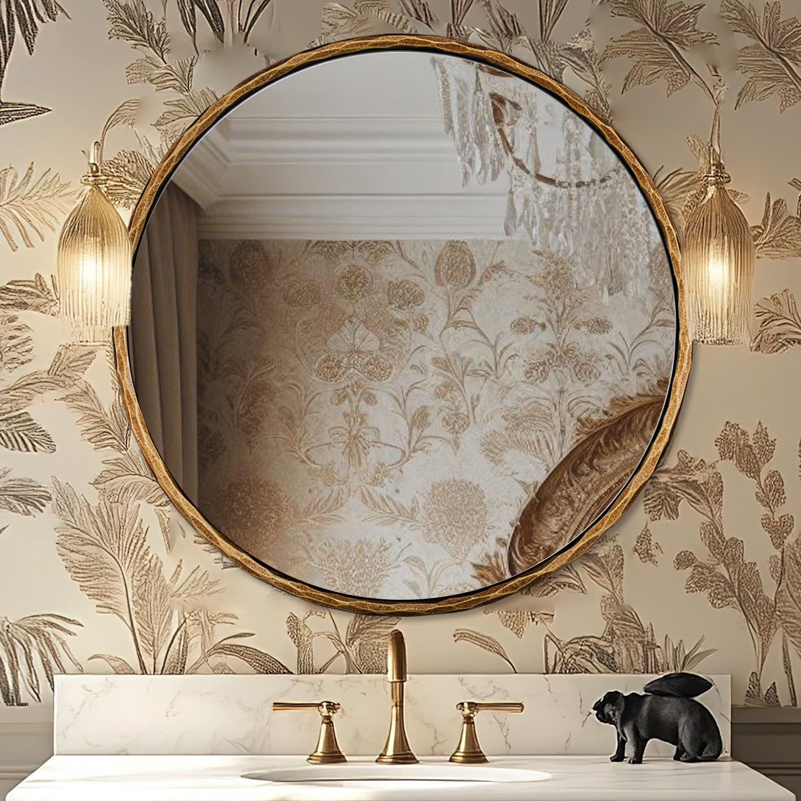 Photo 1 of ANDY STAR 36 Inch Hand-Forged Round Gold Mirrors, Hammered Bathroom Round Wall Mirror for Over Sink, Solid Steel Metal Frame Vanity Circle Mirror for Antique, Vintage, Farmhouse, Rustic
