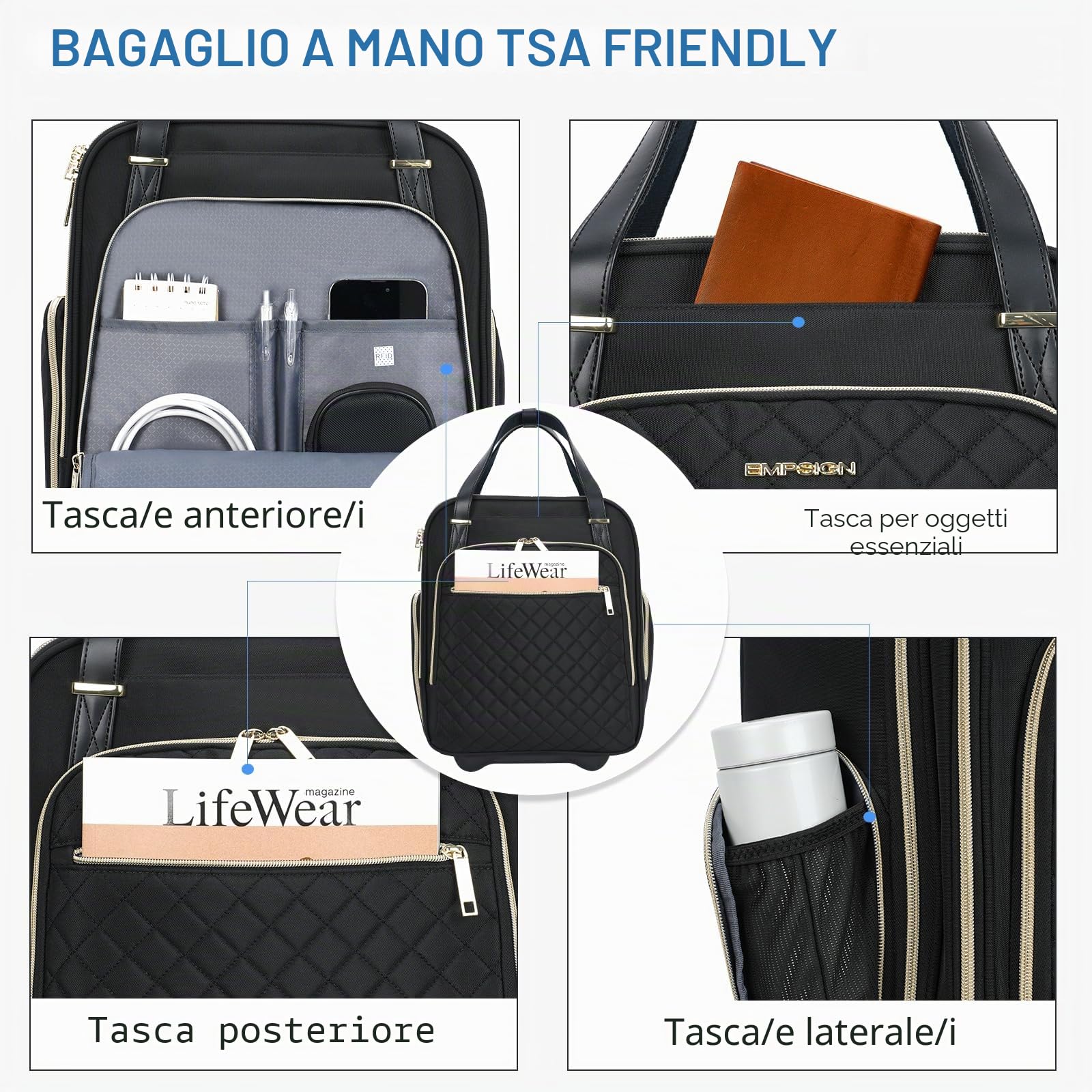 EMPSIGN Valigetta 16" Sottosedile, TSA Impermeabile Multiuso | nero con zip oro, apertura 180°, rotelle silenziose, scomparti multipli, resistente antigraffio per lavoro e weekend