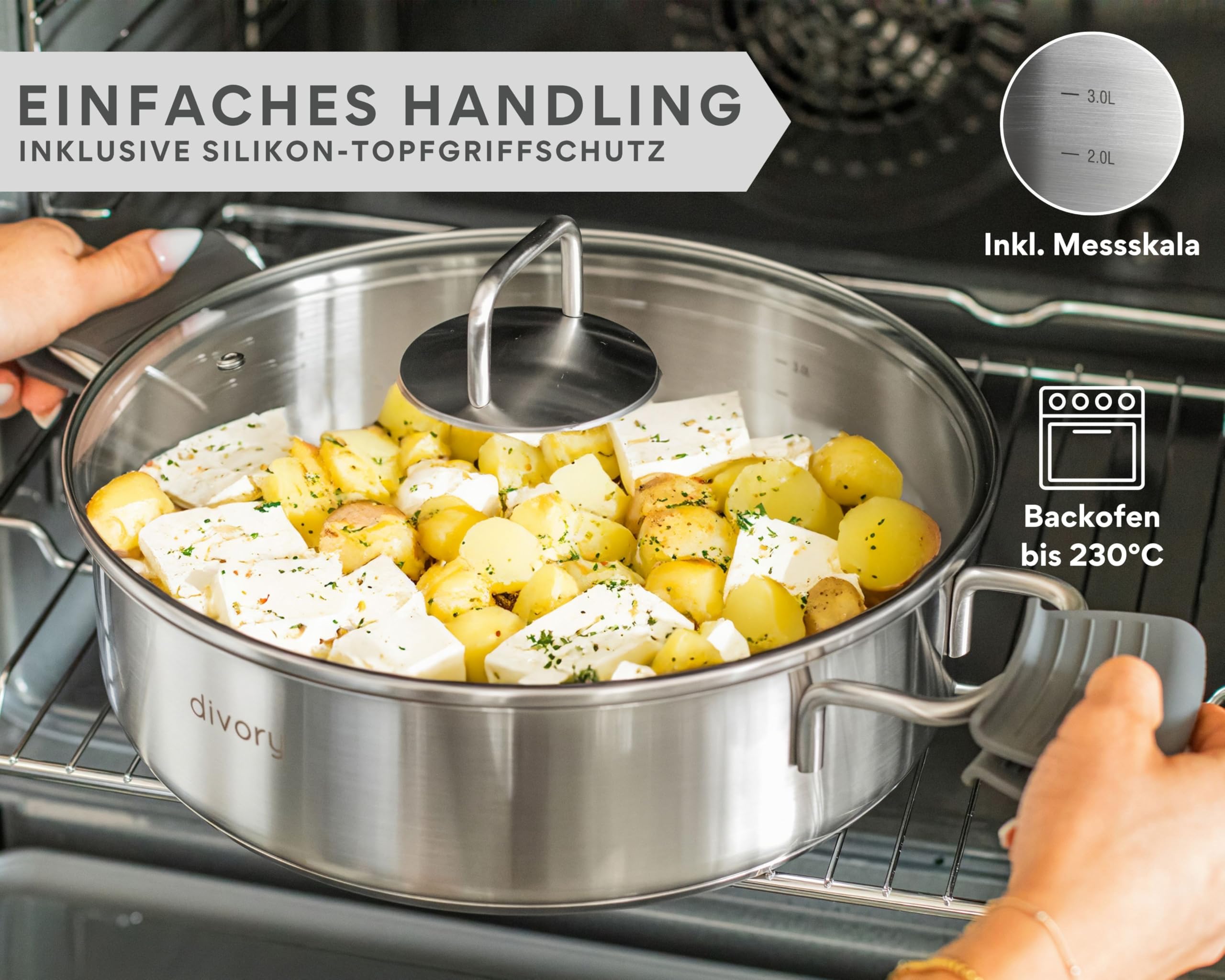 DIVORY Schmorpfanne 28 cm – Hohe Edelstahl Servierpfanne unbeschichtet & ohne PTFE/PFOA, Schmortopf mit Deckel für Induktion & Backofen, Kochtopf 28 cm mit hohem Rand – casserole pan (PURA, 28cm)