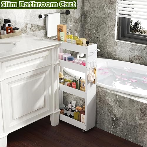 Miniatura 4 de OKZEST Carrito de almacenamiento delgado, carrito de lavandería estrecho de 4 niveles con ruedas, carrito de almacenamiento estrecho de metal para