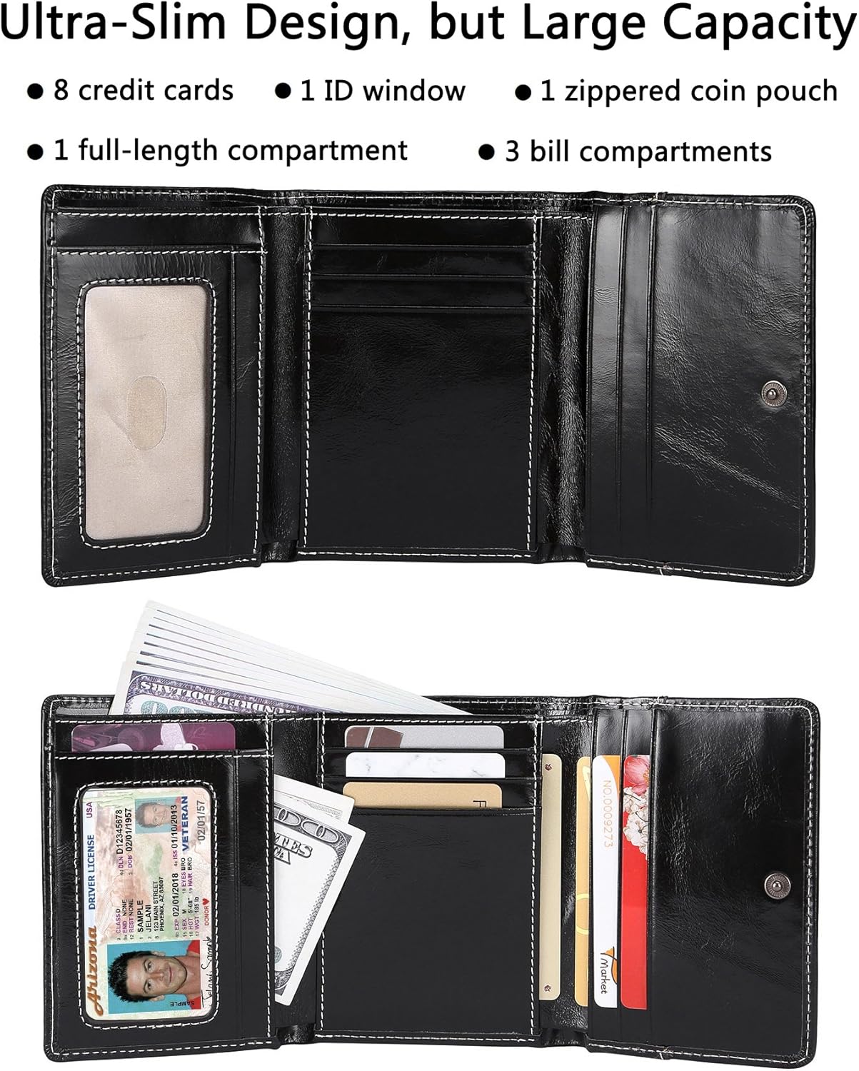 AINIMOER Small Leather Wallet for Women, Slim Compact Credit Card Holder RFID Blocking Wallets Organizer with Coin Pocket, Waxed Black