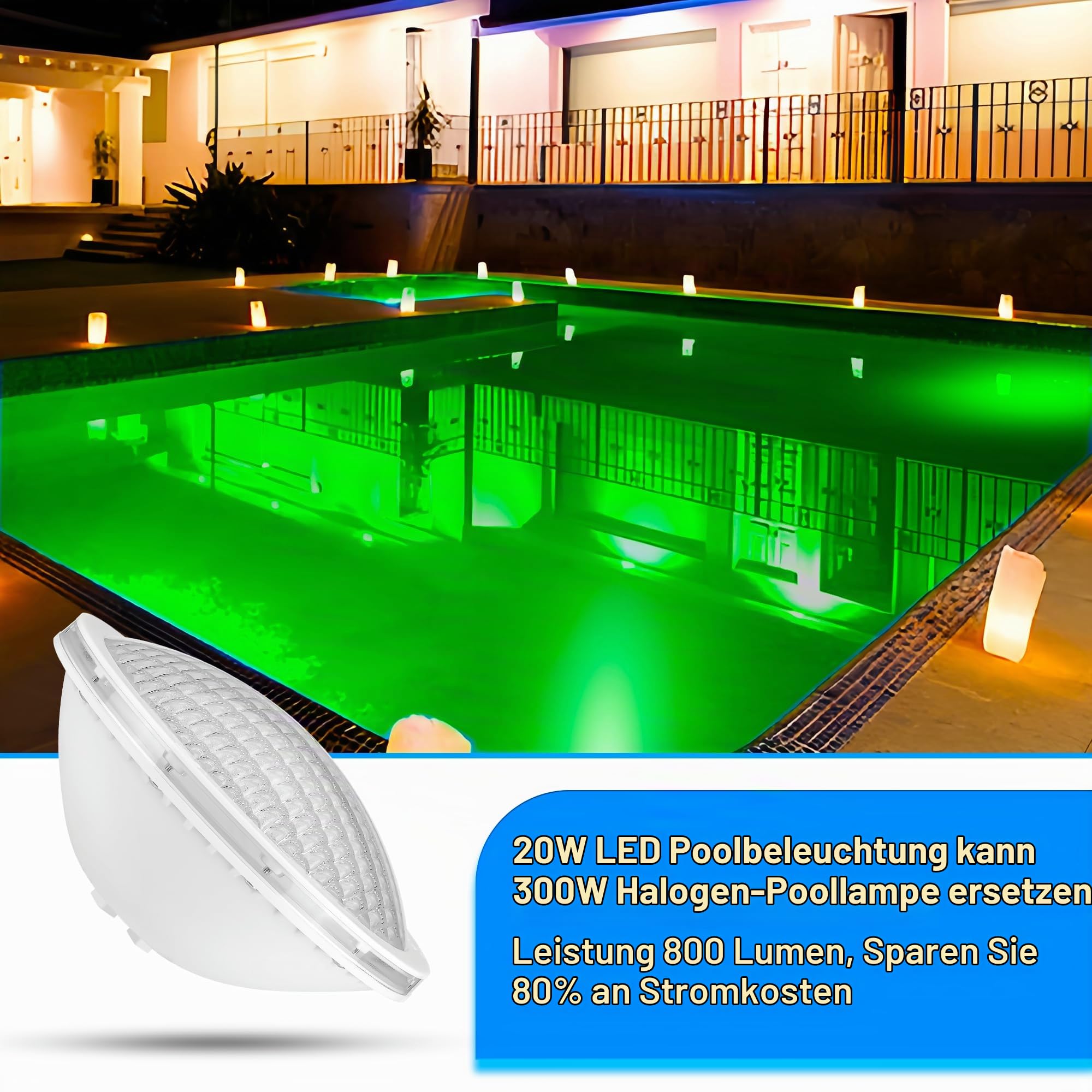 PAR56 LED Poolbeleuchtung, 20W Poolscheinwerfer RGB Dimmbar Farbwechsel 800lm, 12V AC Schwimmbadbeleuchtung mit Fernbedienung, 2/4/6H Timer, für Folien Fertig und Betonbecken, 2er-Pack