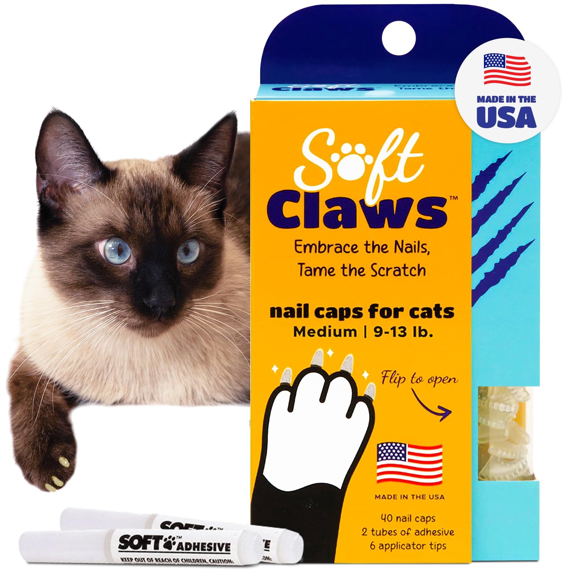 Soft Claws Cat Nail Caps for Medium Cats – (40 Caps, Clear) - Made in USA - Veterinarian-Developed | Protects Furniture & Skin - Easy to Apply, Long-Lasting Anti-Scratch Soft Cat Claw Covers