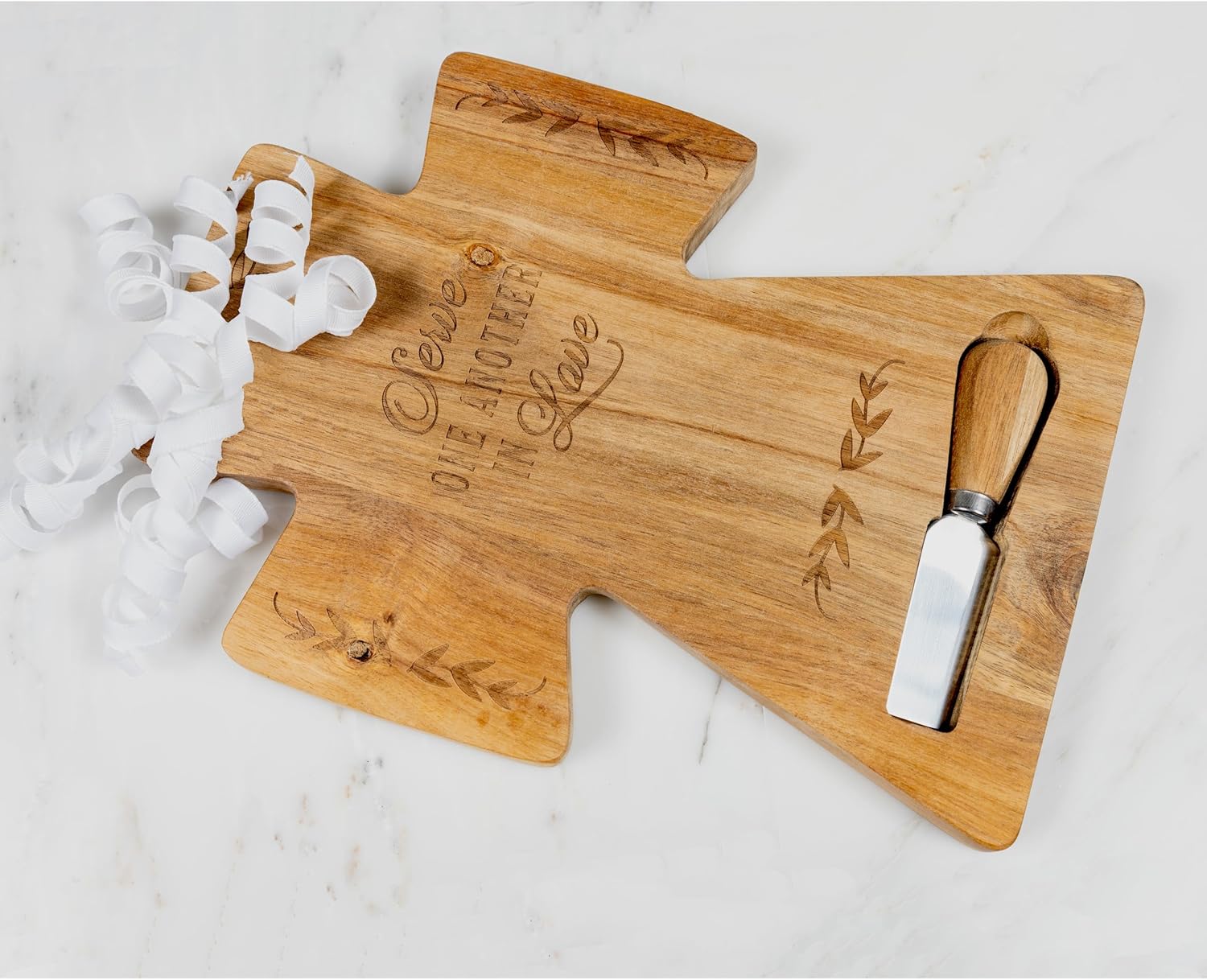 Pavilion - Serve One Another In Love - 12" x 8.75" Cross-Shaped Acacia Wood With Spreader Charcuterie Bread Cheese Serving Board Inspirational Spiritual Faith Religious God Jesus Church Friend Gift