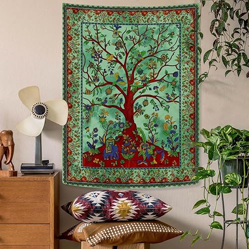 Miniatura 3 de Zussun Tapiz de árbol de la vida verde, tapiz vertical de bosque indio, tapiz para dormitorio, estético, naturaleza, floral, plantas, tapiz para