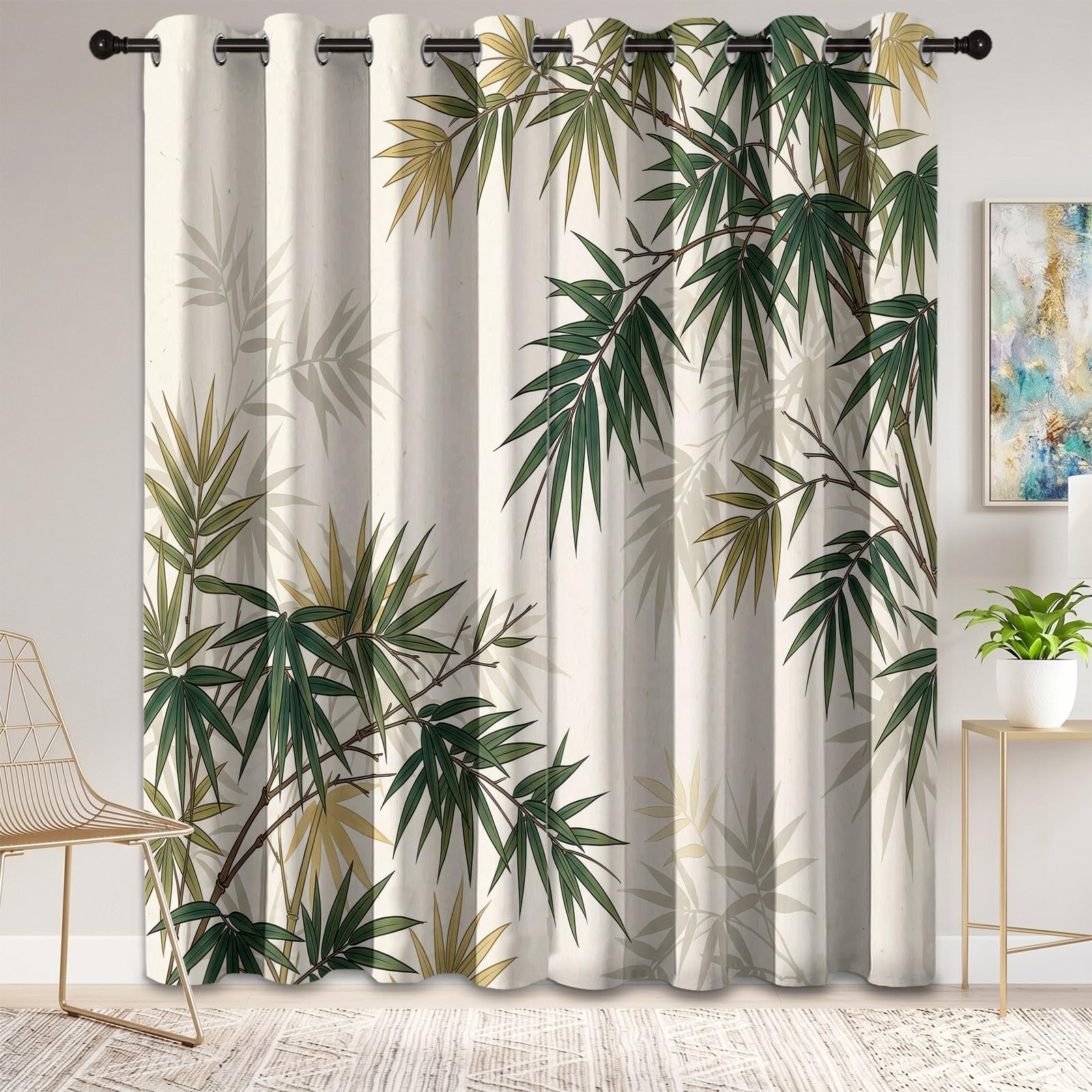 Rideaux Occultants Imprimés Motif Feuille De Bambou Chinois, Rideaux de Chambre à Plantes Et Fleurs, Style Œillets, Adaptés Aux Chambres et Bureau À Domicile, 75L X 166H cm (2 Panneaux), Vert