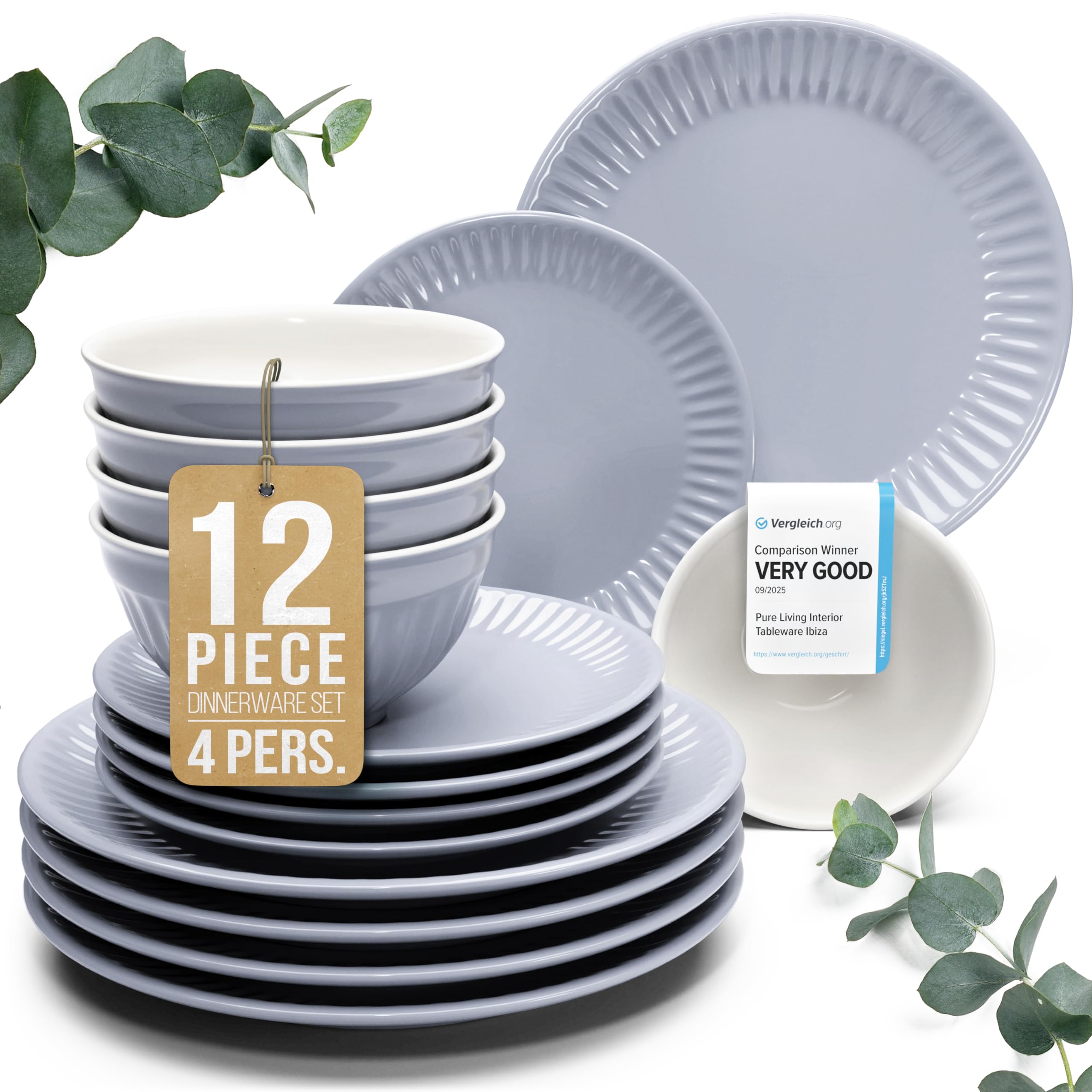 12 Piece Stoneware Dinnerware Set for 4, Handcrafted Plates and Bowls Set