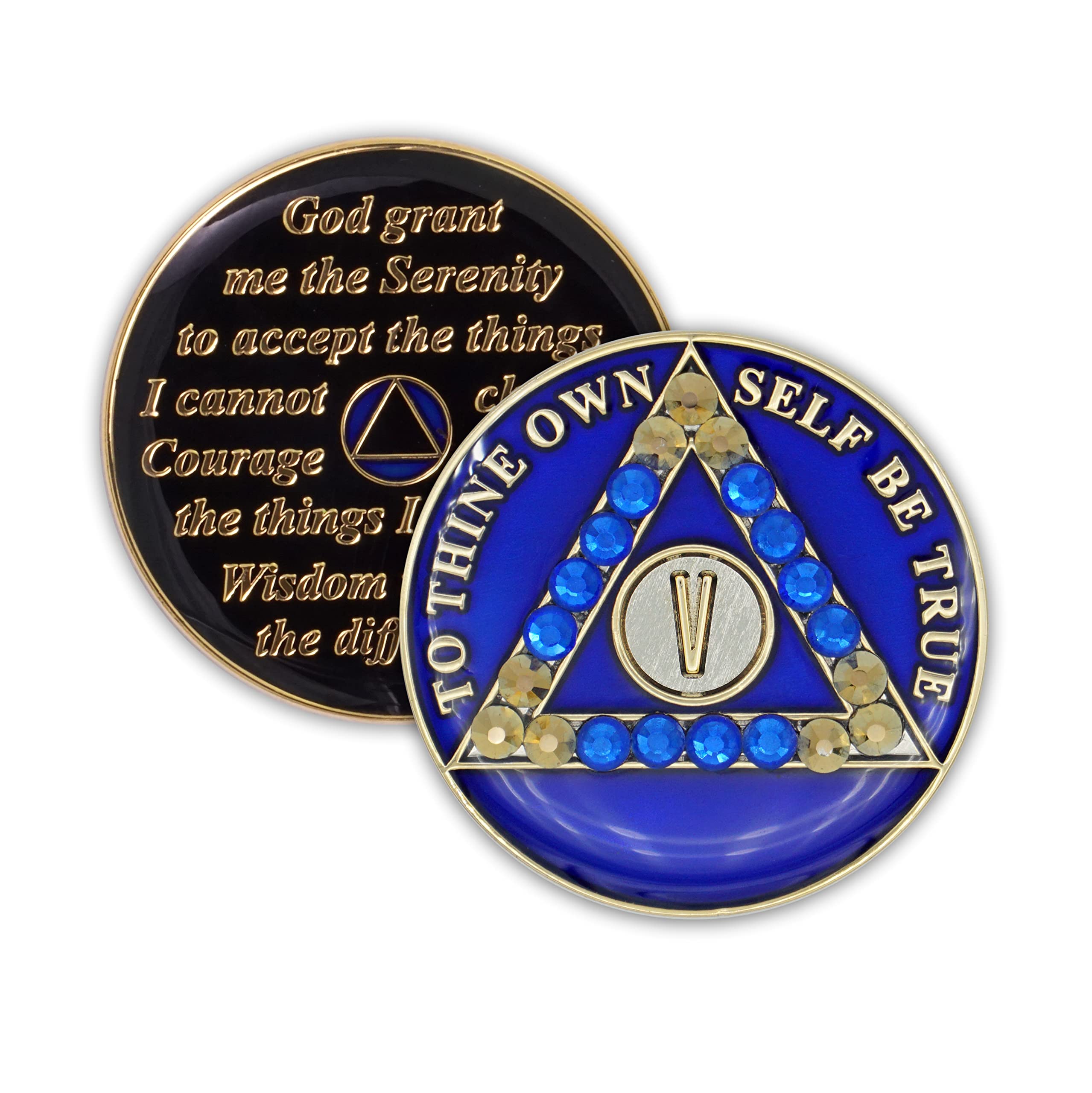 5 Year Sobriety Coin | Blue Crystallized AA Chip Medallion Recovery Anniversary Token with Serenity Prayer