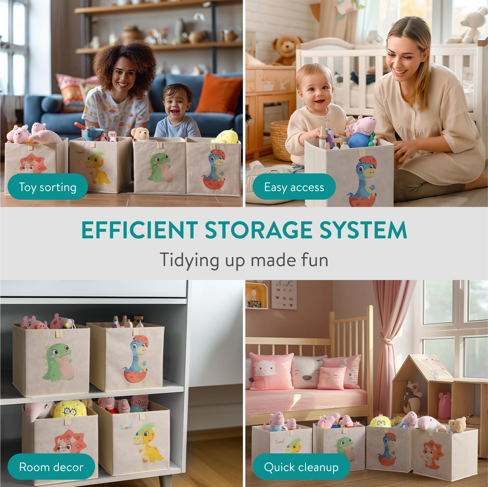 Navaris Aufbewahrungsbox Kinderzimmer - 4er Set - 33 x 33cm Kinder Spielzeug Box Dinosaurier Design - Box Spielzeug Kisten - Baby Ordnungsboxen Aufbewahrungsboxen - Toybox faltbar