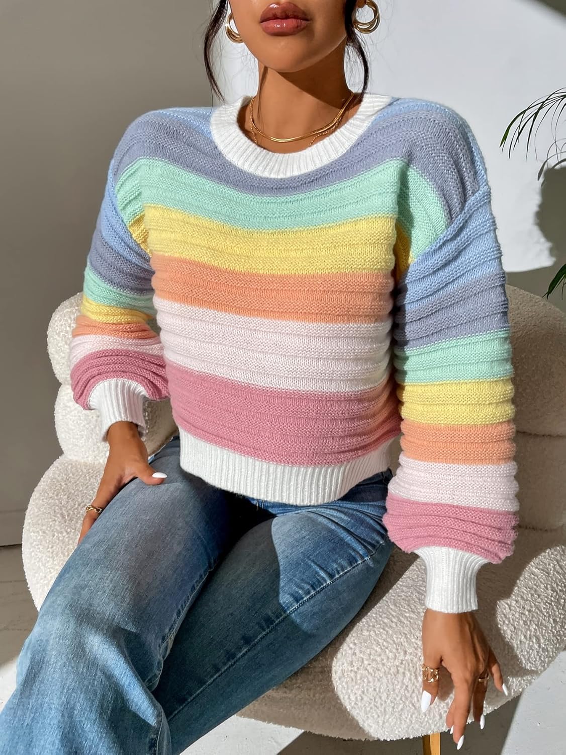 Women's Sweater Colorblock Drop Shoulder Sweater Sweater for Women (Color : Multicolor, Size : Medium)