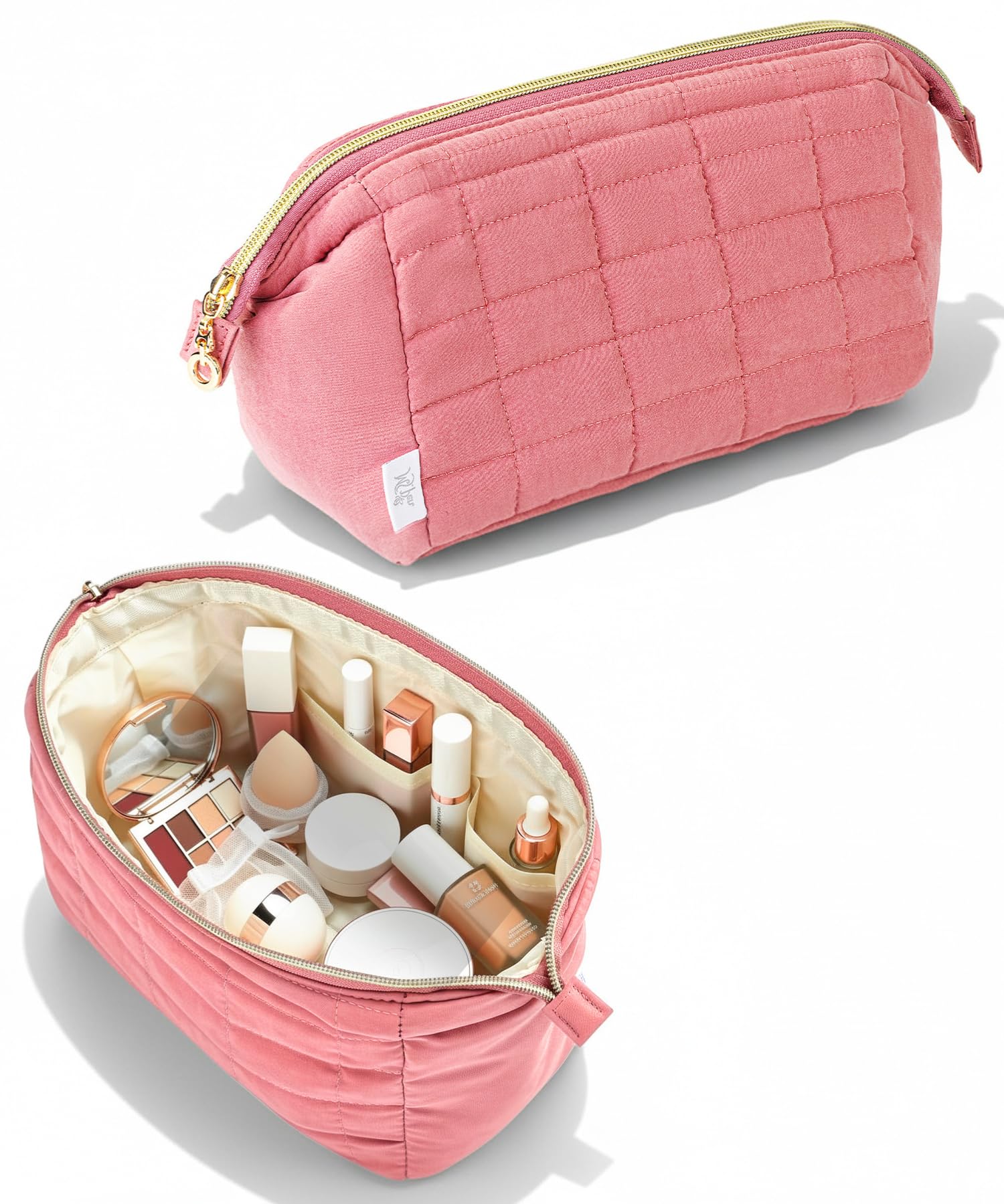 Photo 1 of Ms. Pen- Aesthetic Quilted Makeup Bag for Women, Muted Rose, Puffy Padded Cute Makeup Bag Cute, Cosmetic Pouch, Quilted Pouch